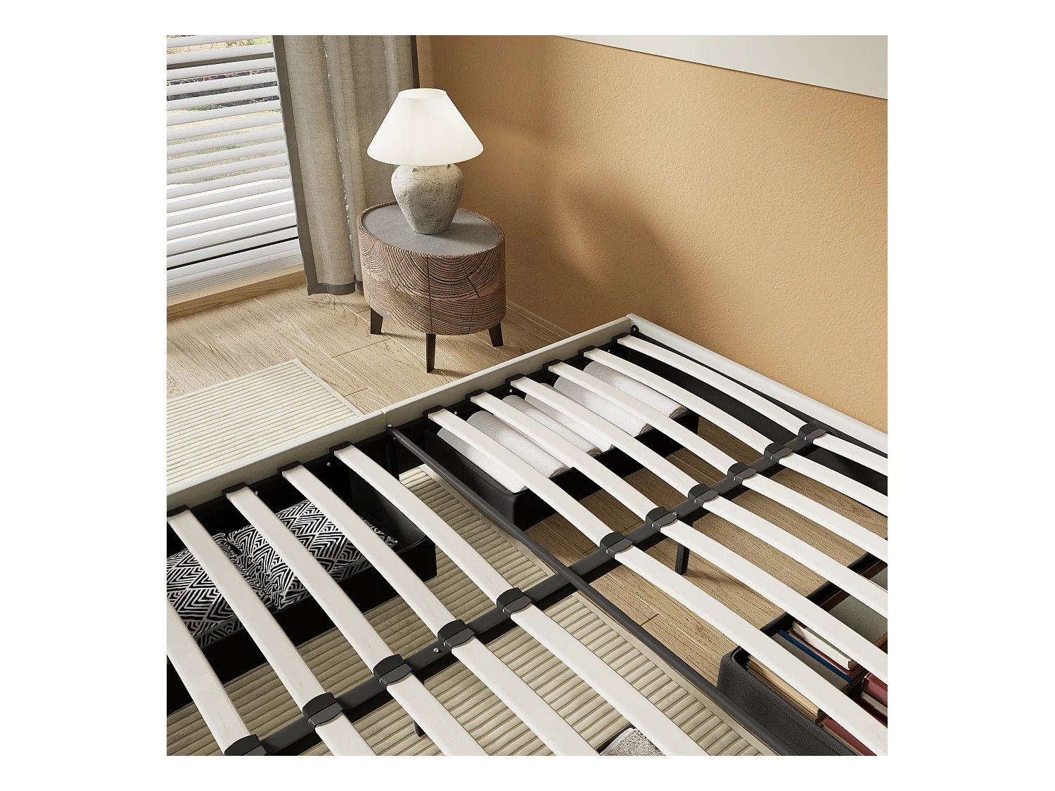 Lit 140 x 200 cm avec tiroirs, sommier à lattes en bois, cadre en tissu blanc