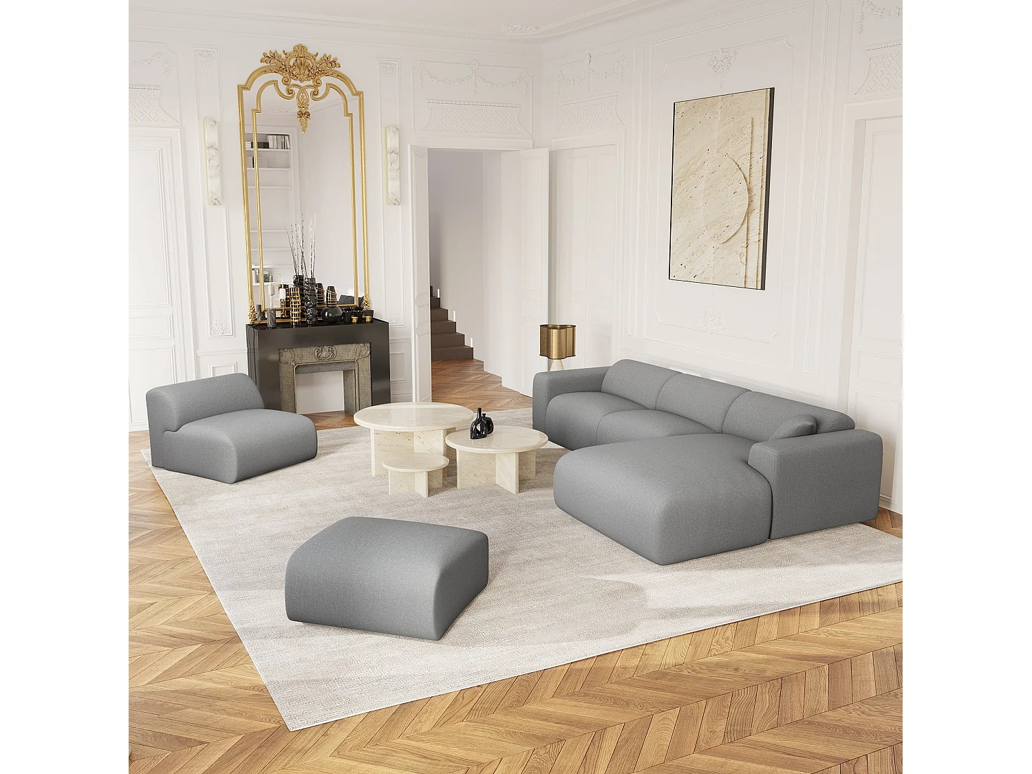 Canapé grand angle droit tissu tramé gris clair 280cm  MYRA