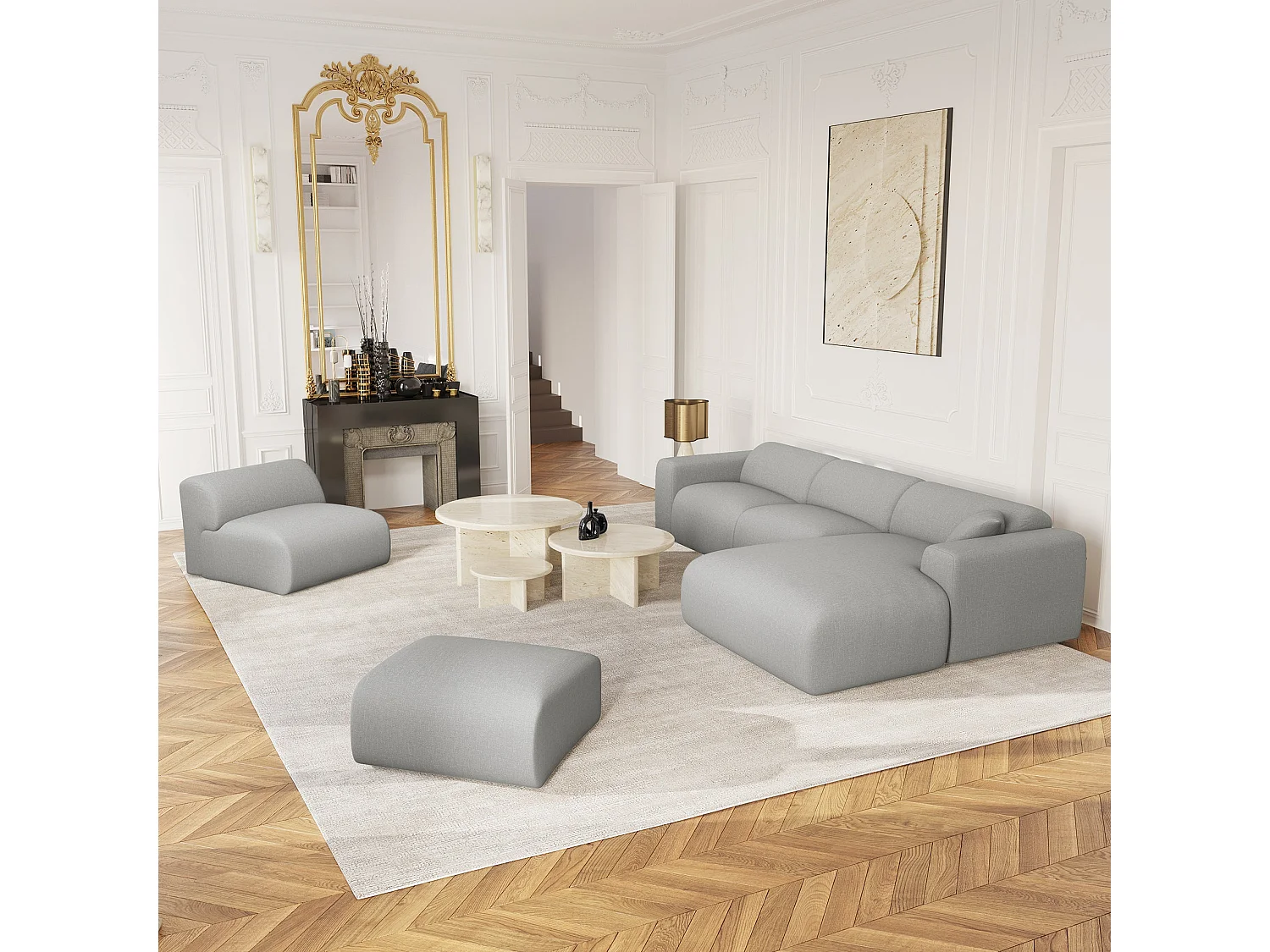 Canapé grand angle droit MYRA 5 places en tissu tramé gris clair