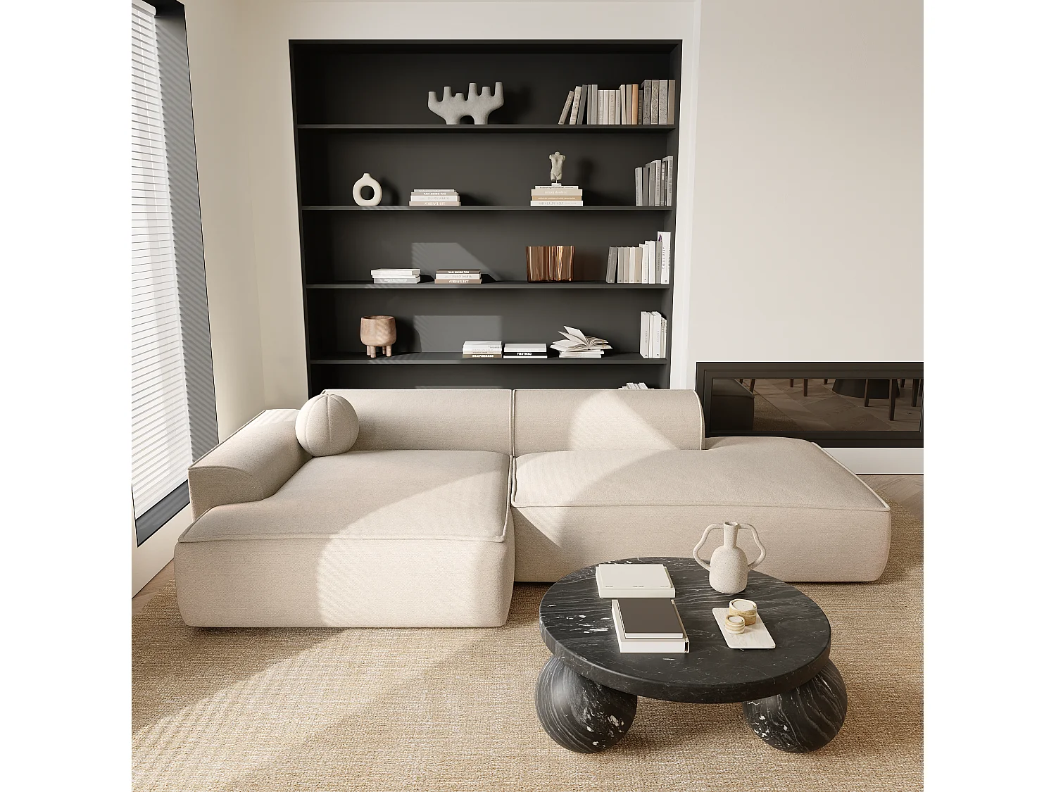 Canapé angle gauche tissu tramé crème 260cm  ANIA