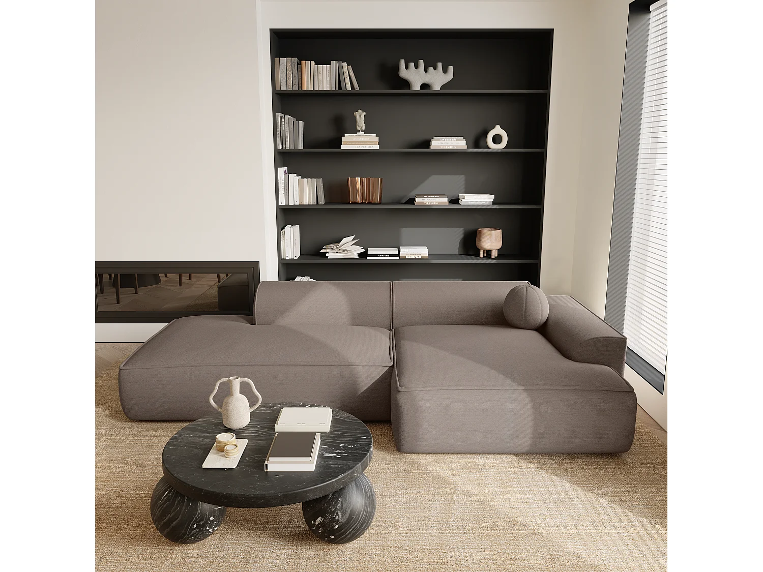 Canapé angle droit tissu tramé taupe 260cm  ANIA