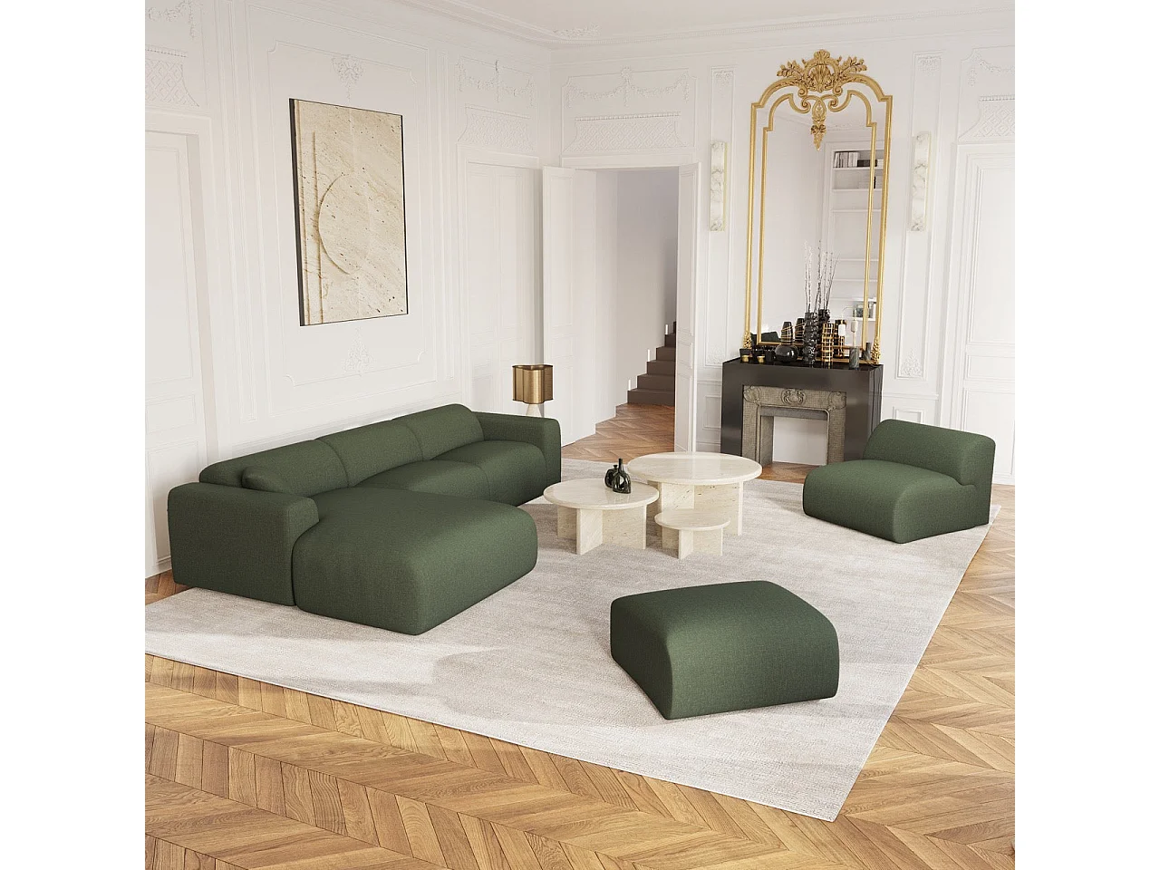 Canapé grand angle gauche tissu tramé vert olive 280cm  MYRA