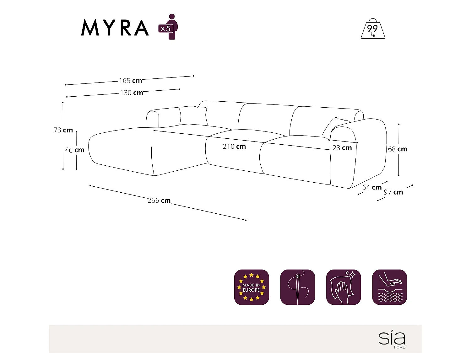 Canapé grand angle gauche MYRA 5 places en tissu tramé vert olive