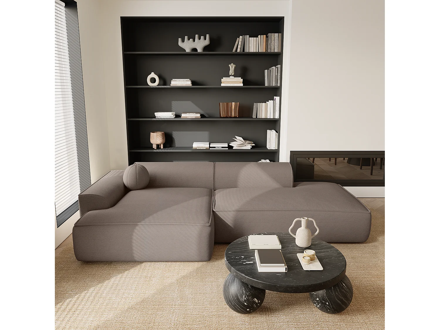 Canapé angle gauche 4 places ANIA en tissu tramé taupe