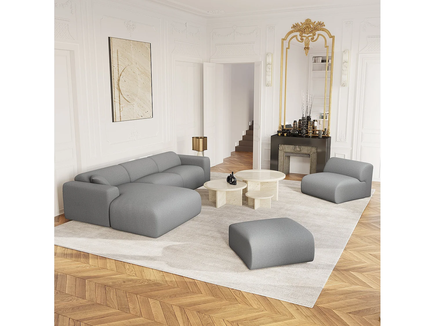 Canapé grand angle gauche tissu tramé gris clair 280cm  MYRA