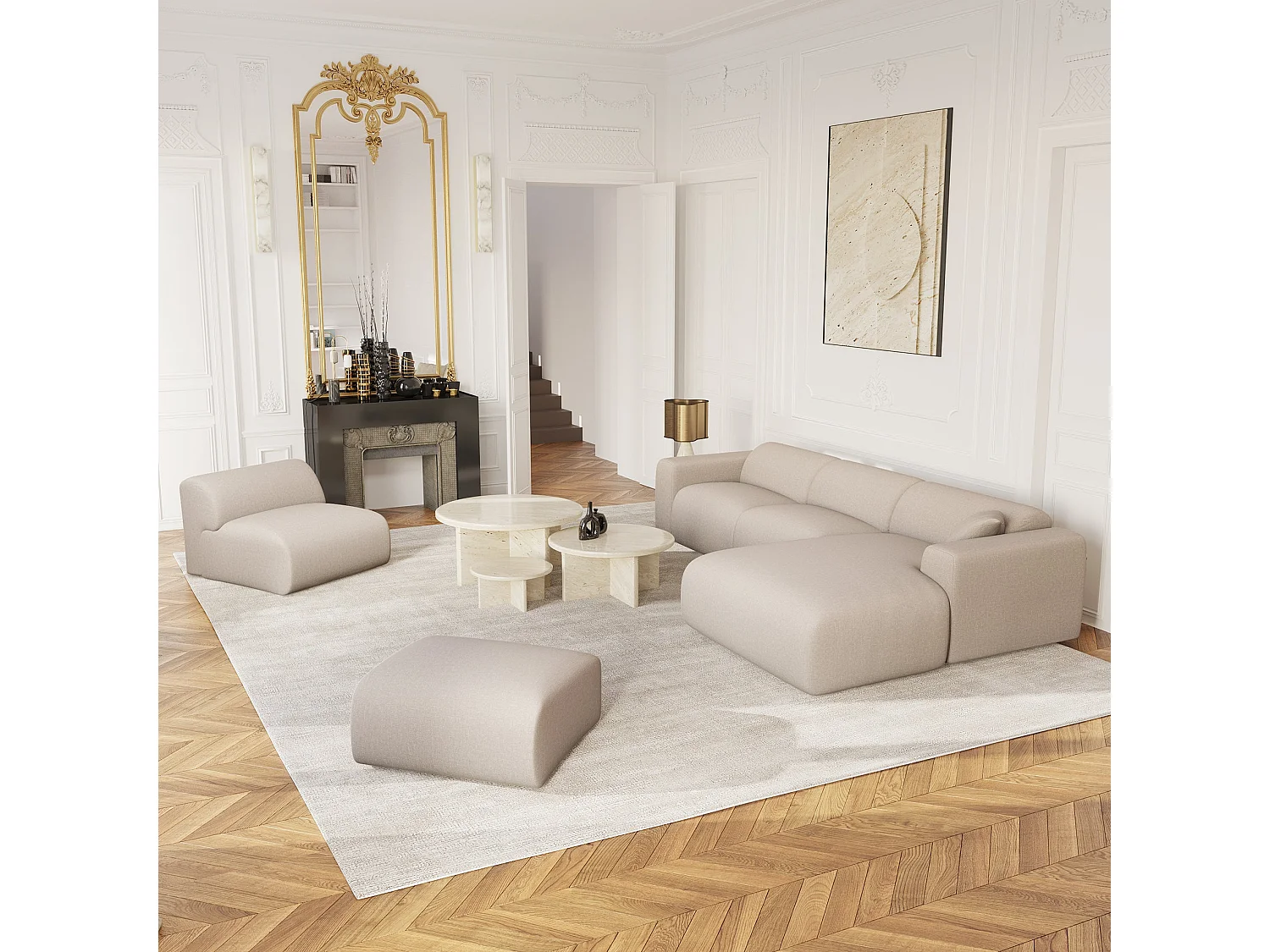 Canapé grand angle droit MYRA 5 places en tissu tramé beige