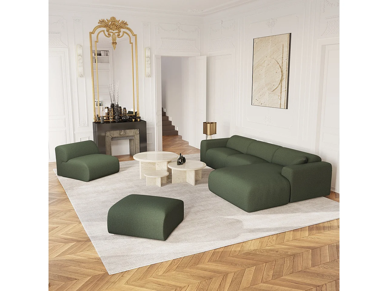 Canapé grand angle droit tissu tramé vert olive 280cm  MYRA