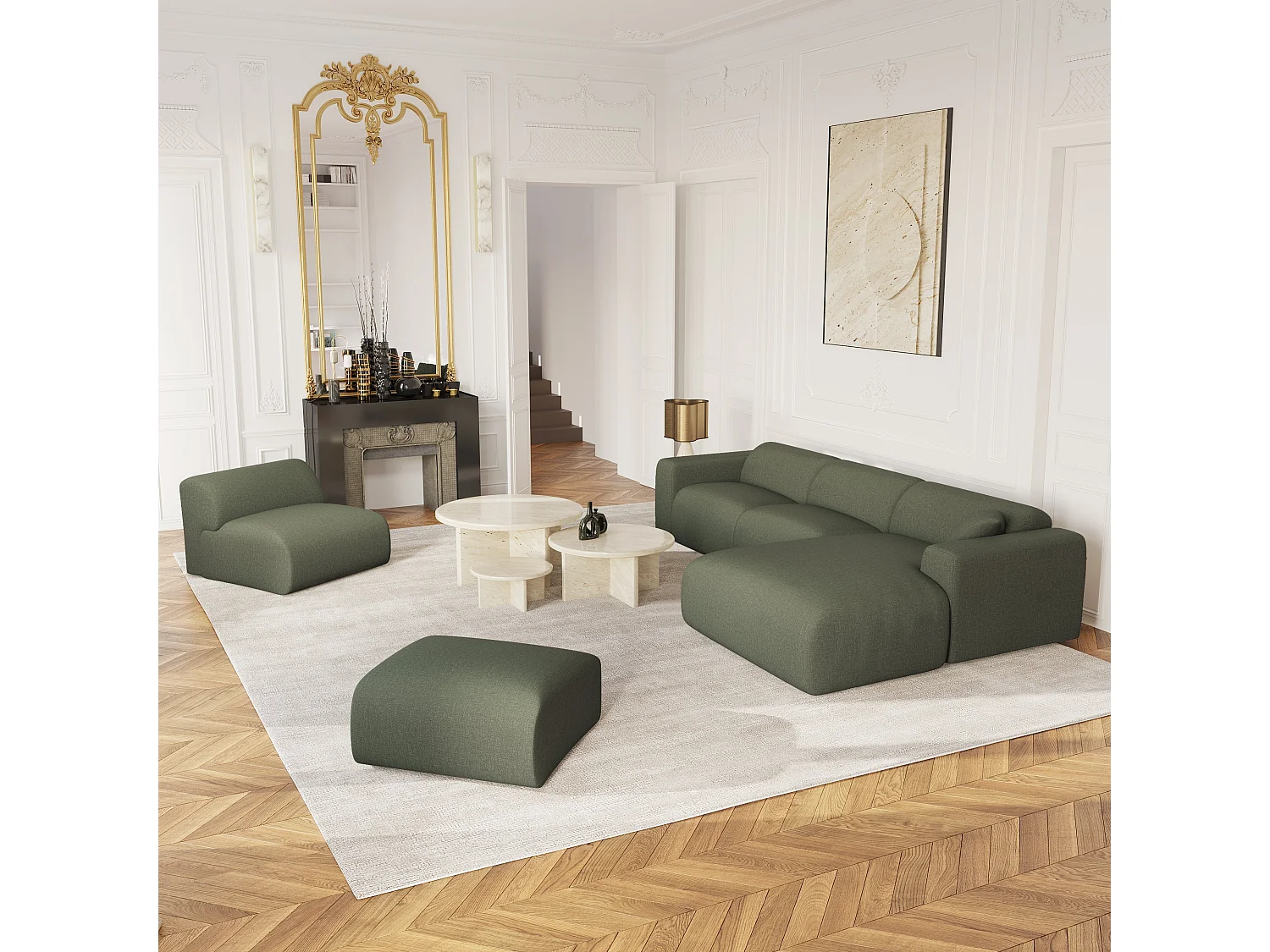 Canapé grand angle droit MYRA 5 places en tissu tramé vert olive
