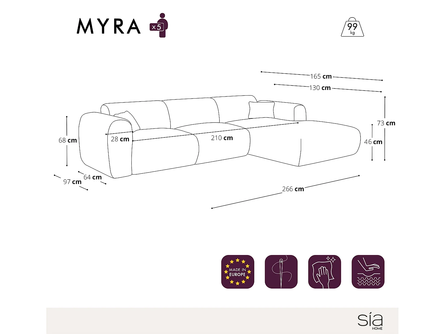 Canapé grand angle droit MYRA 5 places en tissu tramé vert olive