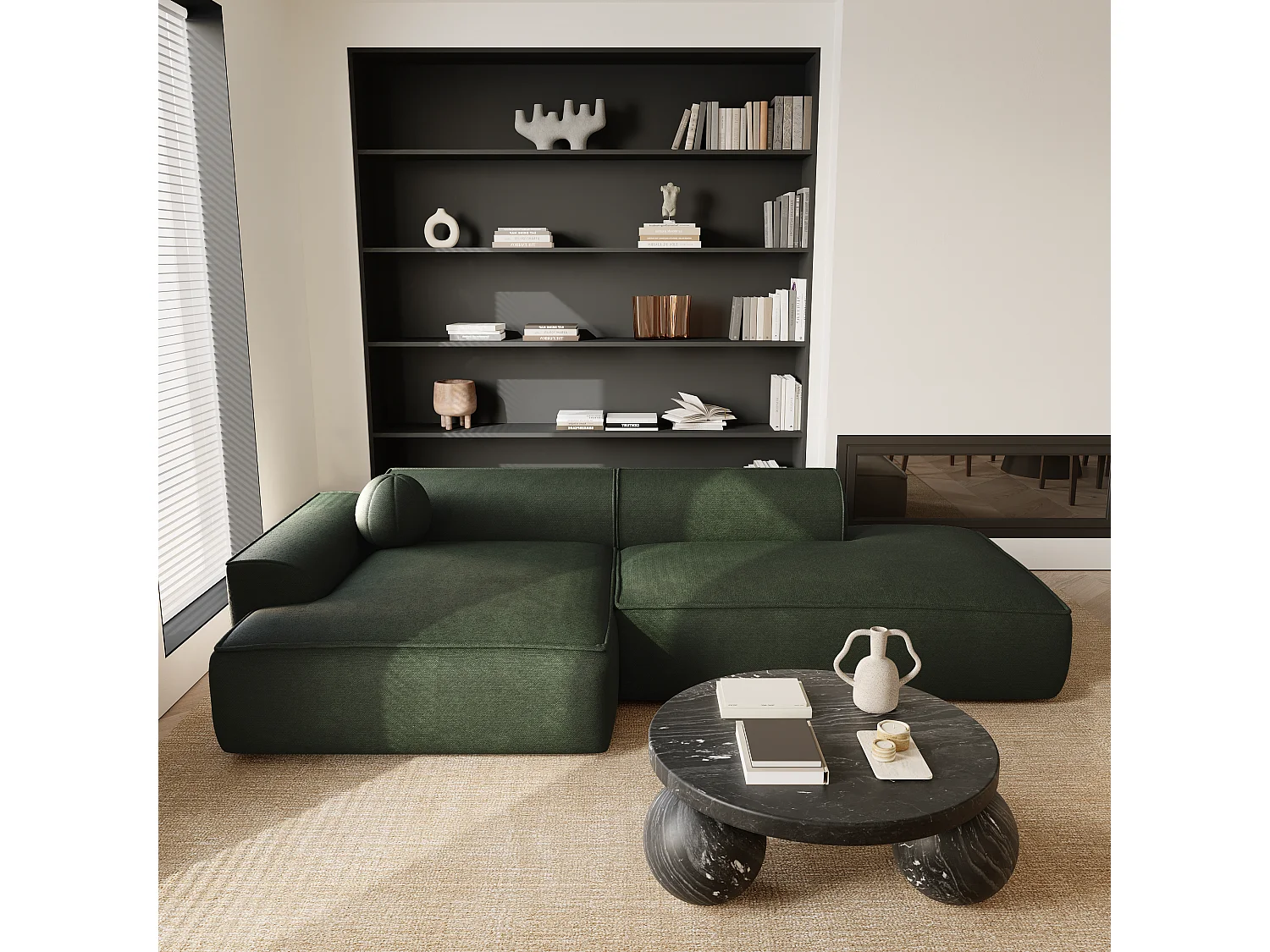 Canapé angle gauche 4 places ANIA en tissu tramé vert olive
