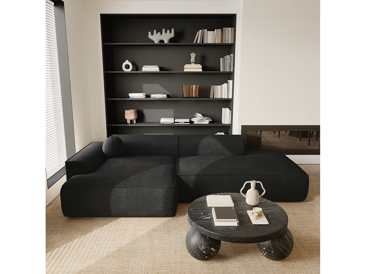 Canapé angle gauche 4 places ANIA en tissu tramé gris anthracite