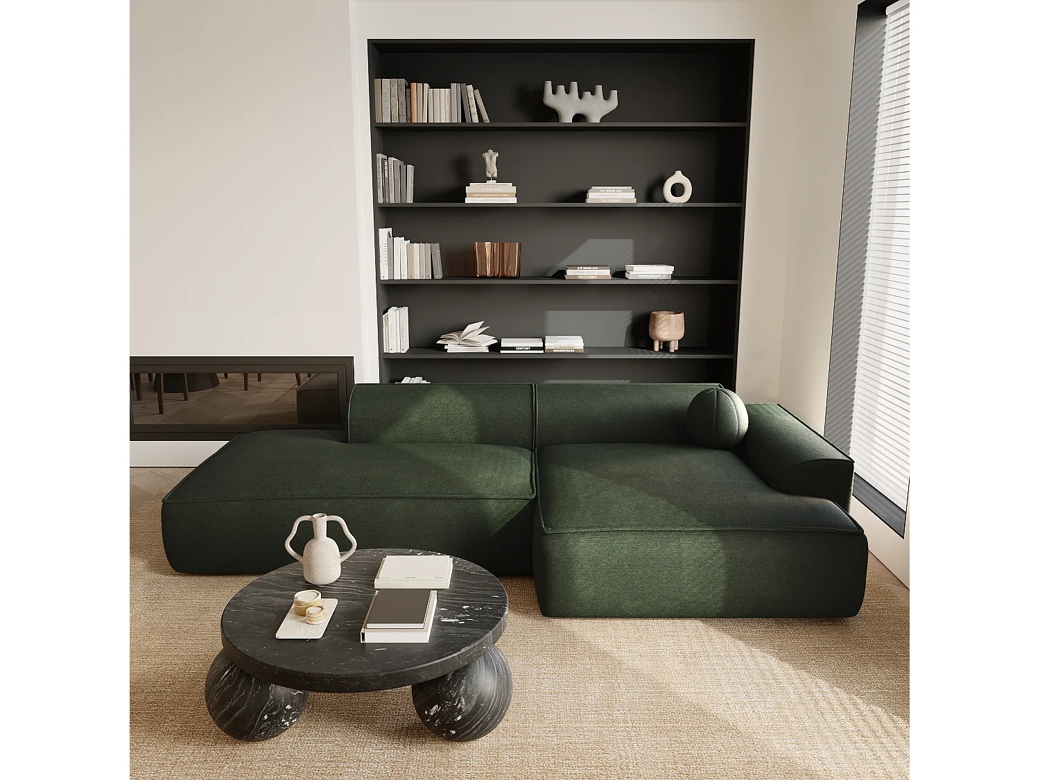 Canapé angle droit tissu tramé Vert olive 260cm  ANIA