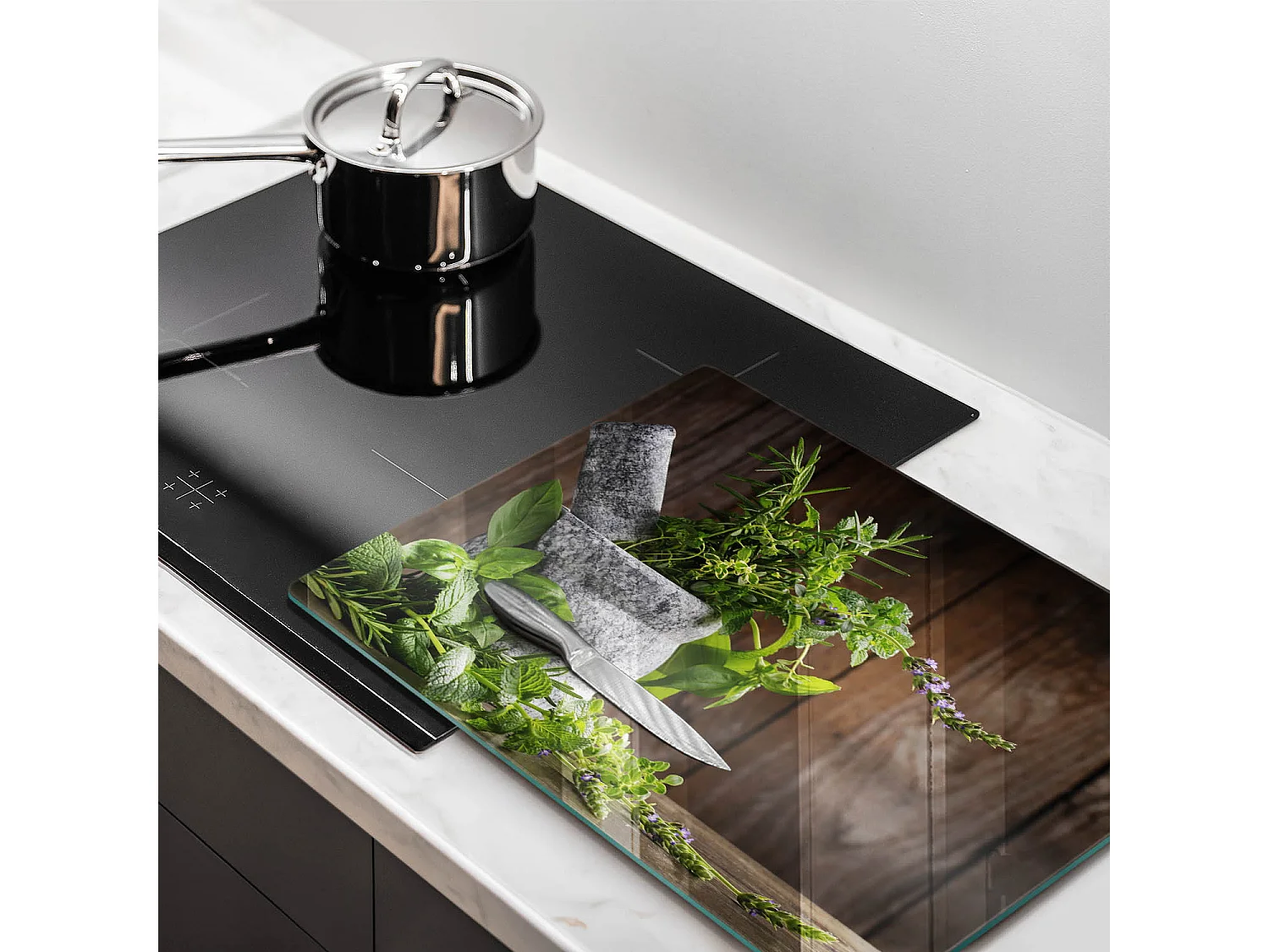 Tablero de cocina rectangular de cristal, 52x40 cm Plantas, hierbas y madera