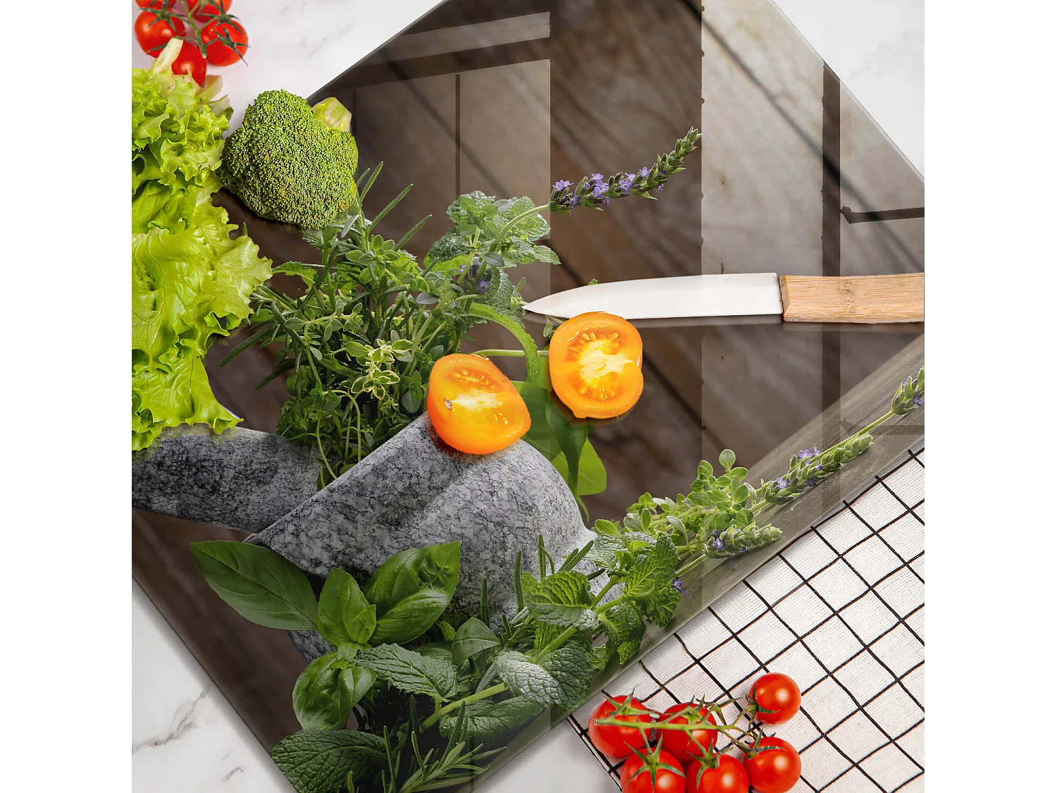 Planche de cuisine rectangulaire en verre, 52x40 cm Plantes, herbes et bois