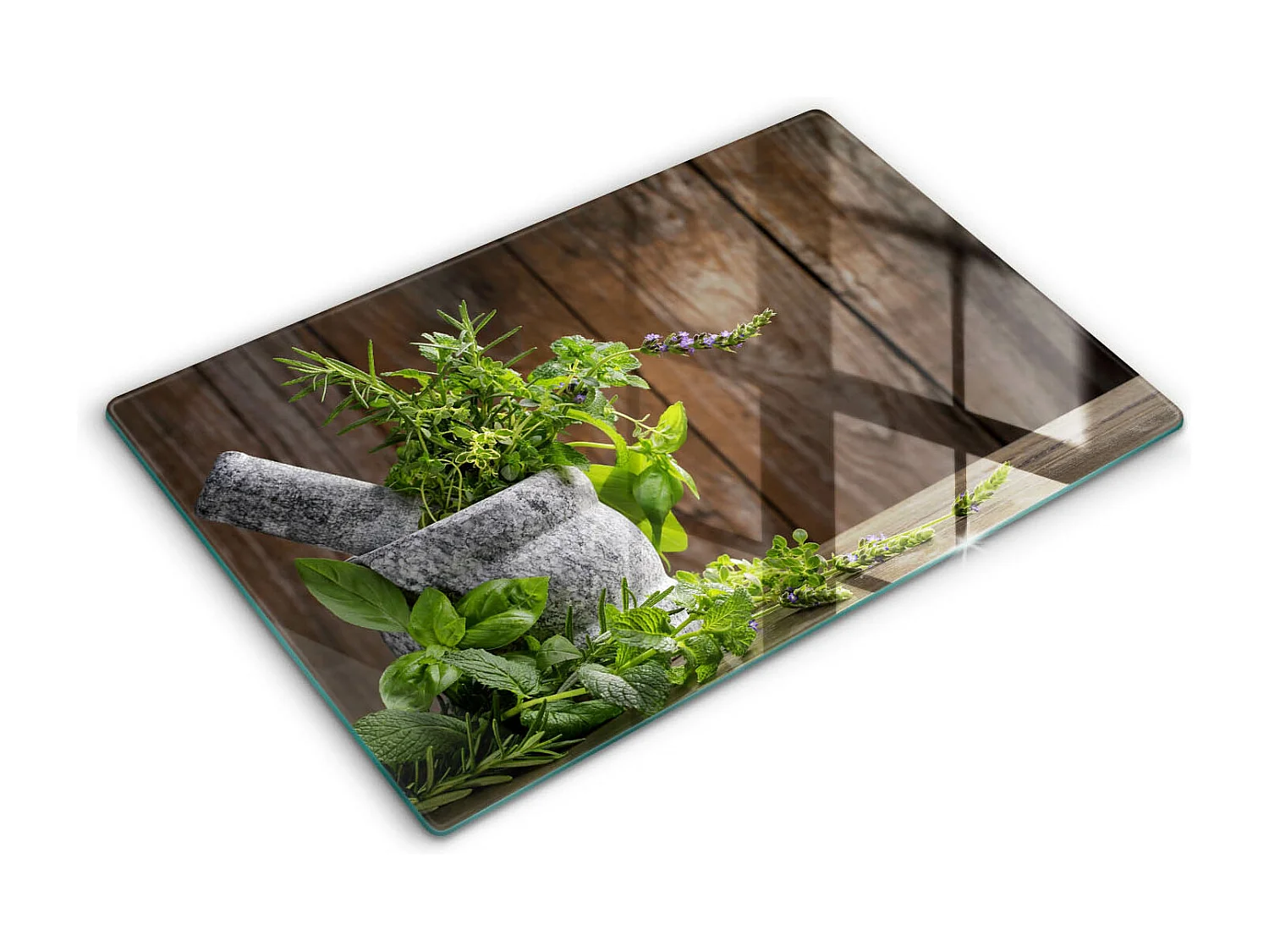 Rechteckiges Küchenbrett aus Glas, 80x52 cm Pflanzen, Kräuter und Holz