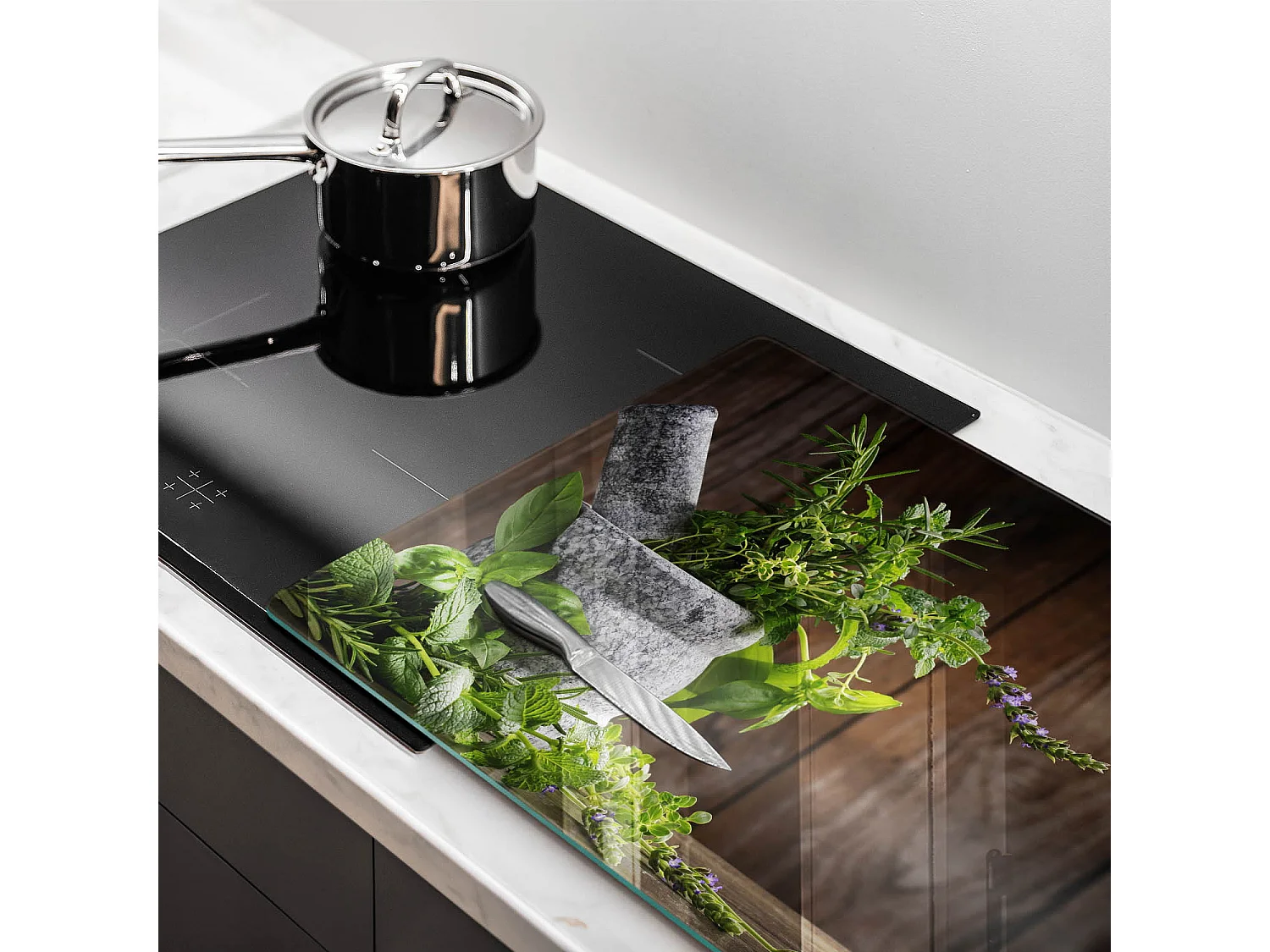 Rechteckiges Küchenbrett aus Glas, 80x52 cm Pflanzen, Kräuter und Holz