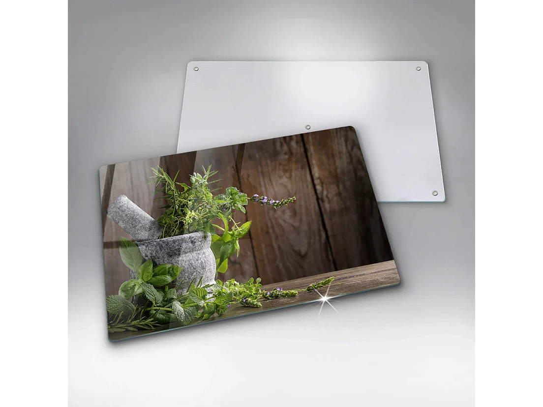 Rechteckiges Küchenbrett aus Glas, 80x52 cm Pflanzen, Kräuter und Holz