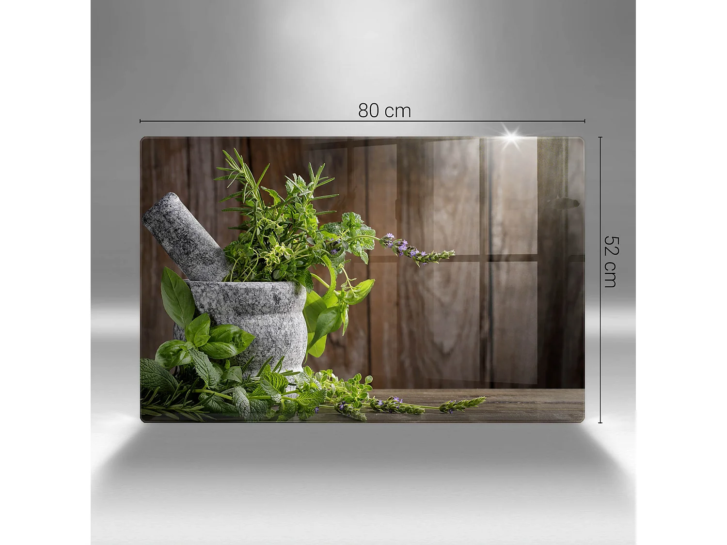 Rechteckiges Küchenbrett aus Glas, 80x52 cm Pflanzen, Kräuter und Holz