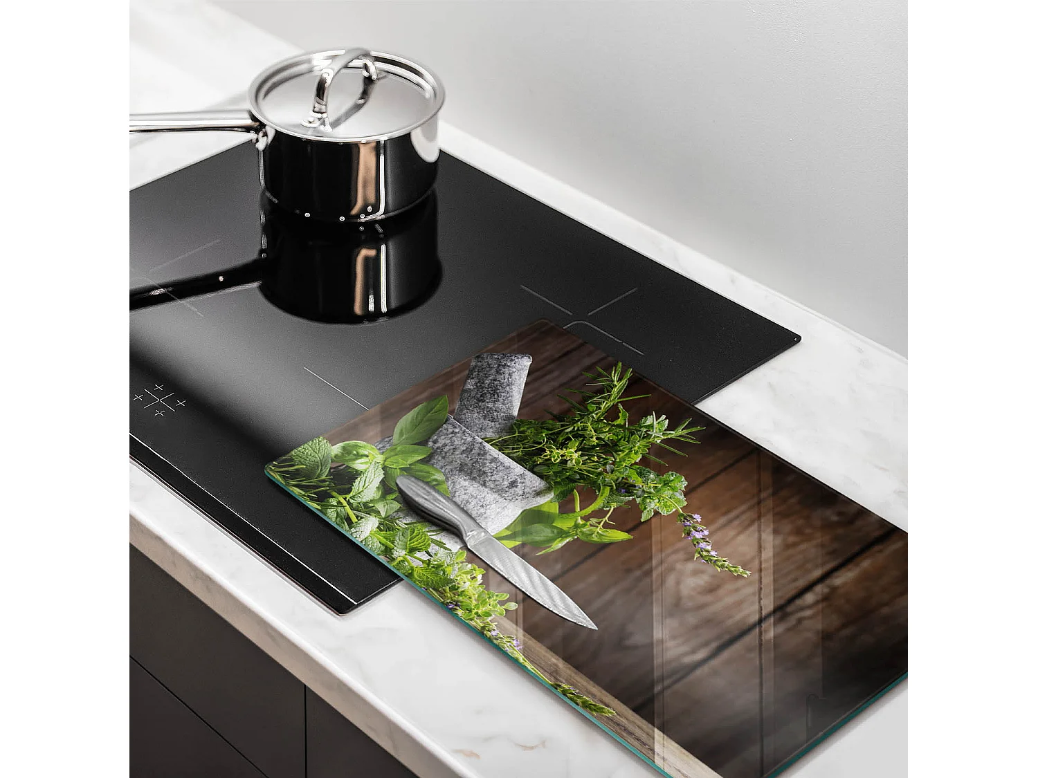 Planche de cuisine rectangulaire en verre, 52x30 cm Plantes, herbes et bois