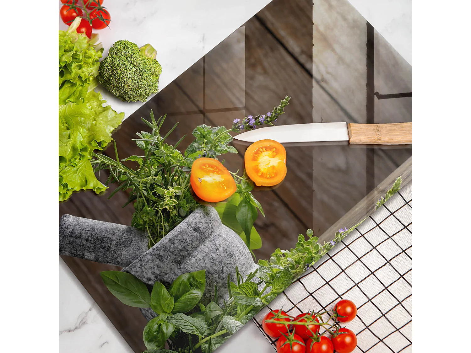 Planche de cuisine rectangulaire en verre, 52x30 cm Plantes, herbes et bois