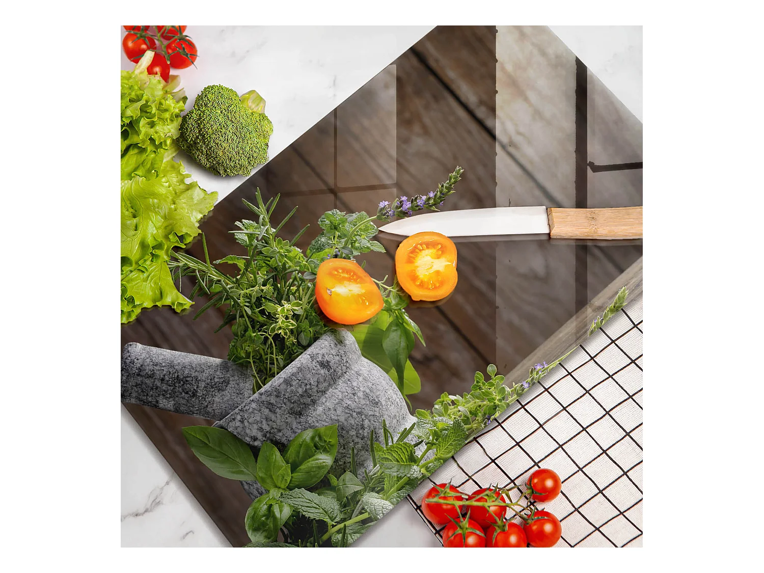 Planche de cuisine rectangulaire en verre, 52x30 cm Plantes, herbes et bois