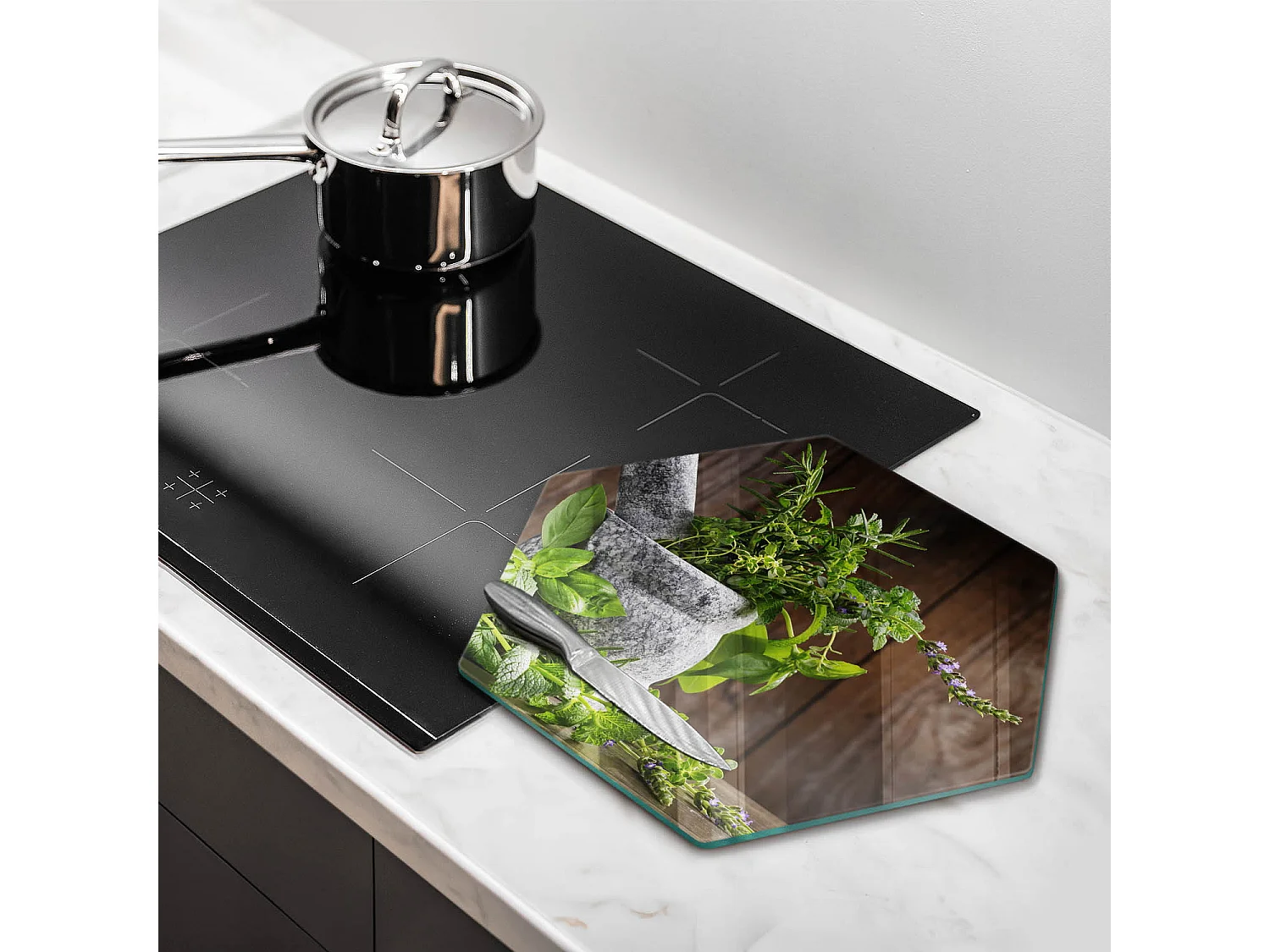 Planche de cuisine hexagonale en verre, 40 cm Plantes, herbes et bois