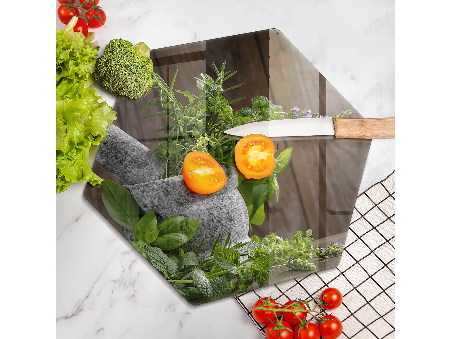 Planche de cuisine hexagonale en verre, 40 cm Plantes, herbes et bois