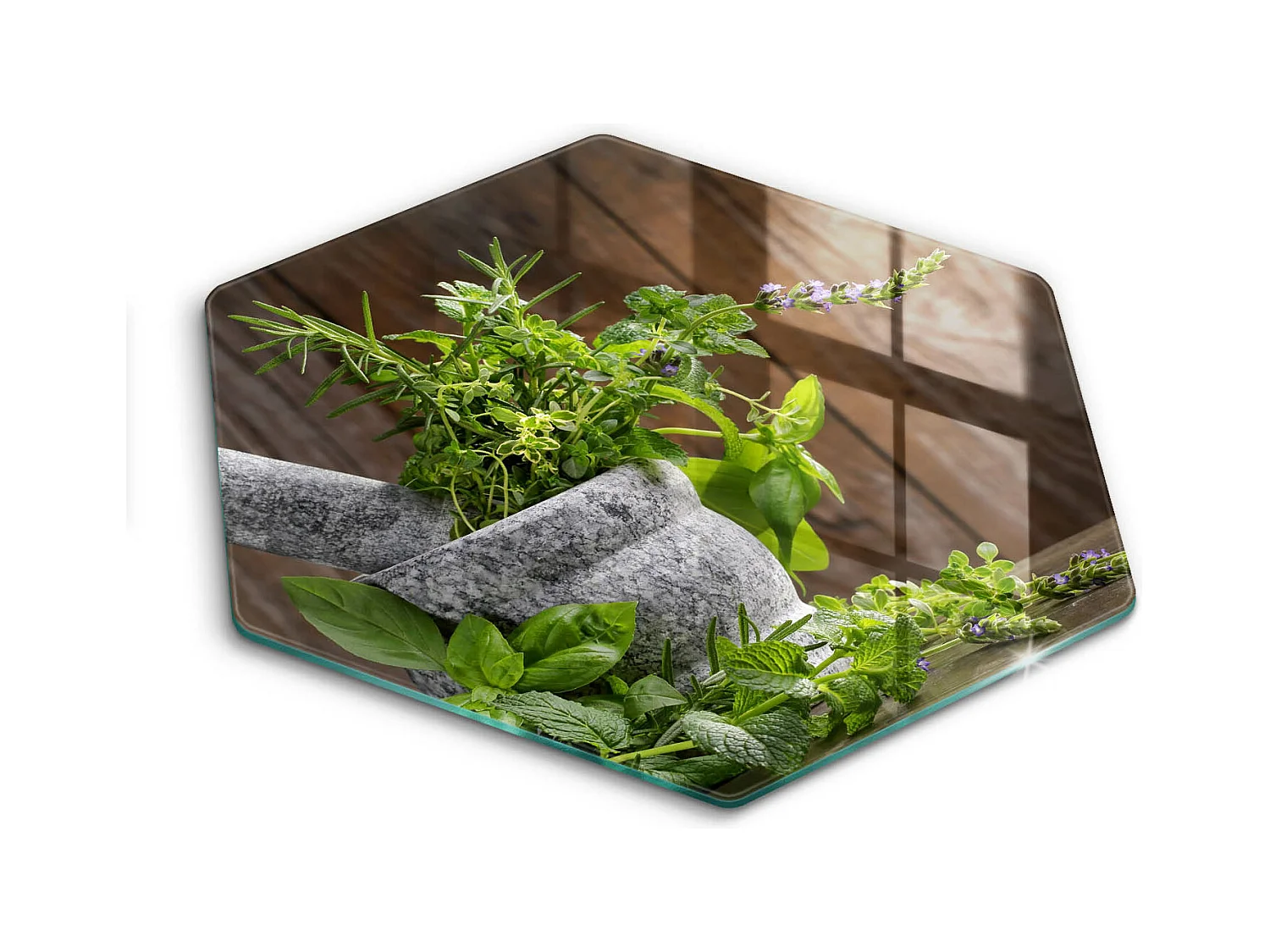 Planche de cuisine hexagonale en verre, 40 cm Plantes, herbes et bois