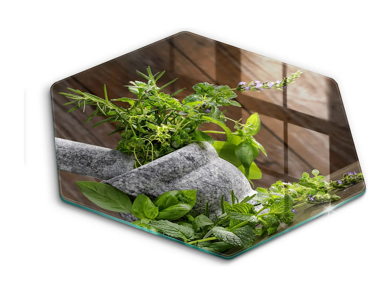 Planche de cuisine hexagonale en verre, 40 cm Plantes, herbes et bois