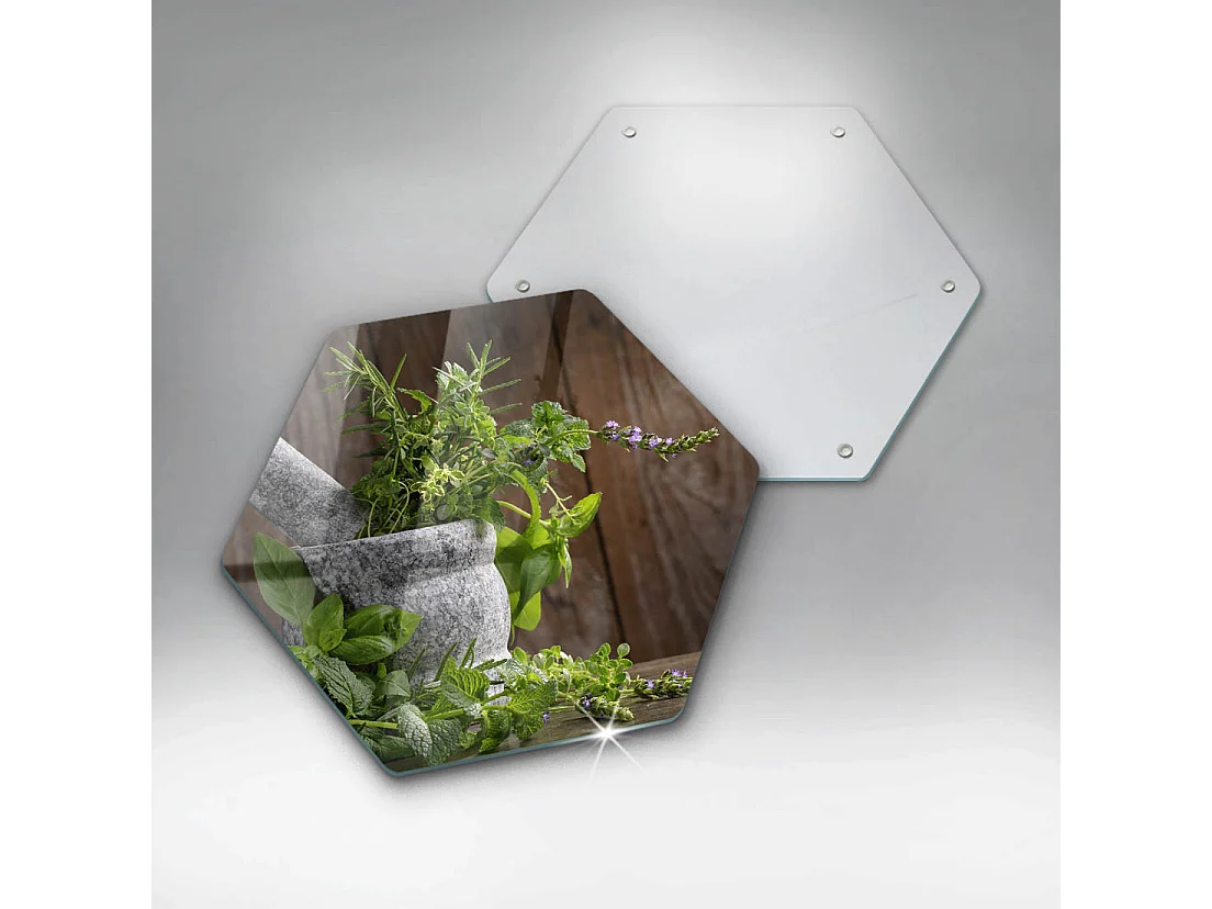 Planche de cuisine hexagonale en verre, 40 cm Plantes, herbes et bois