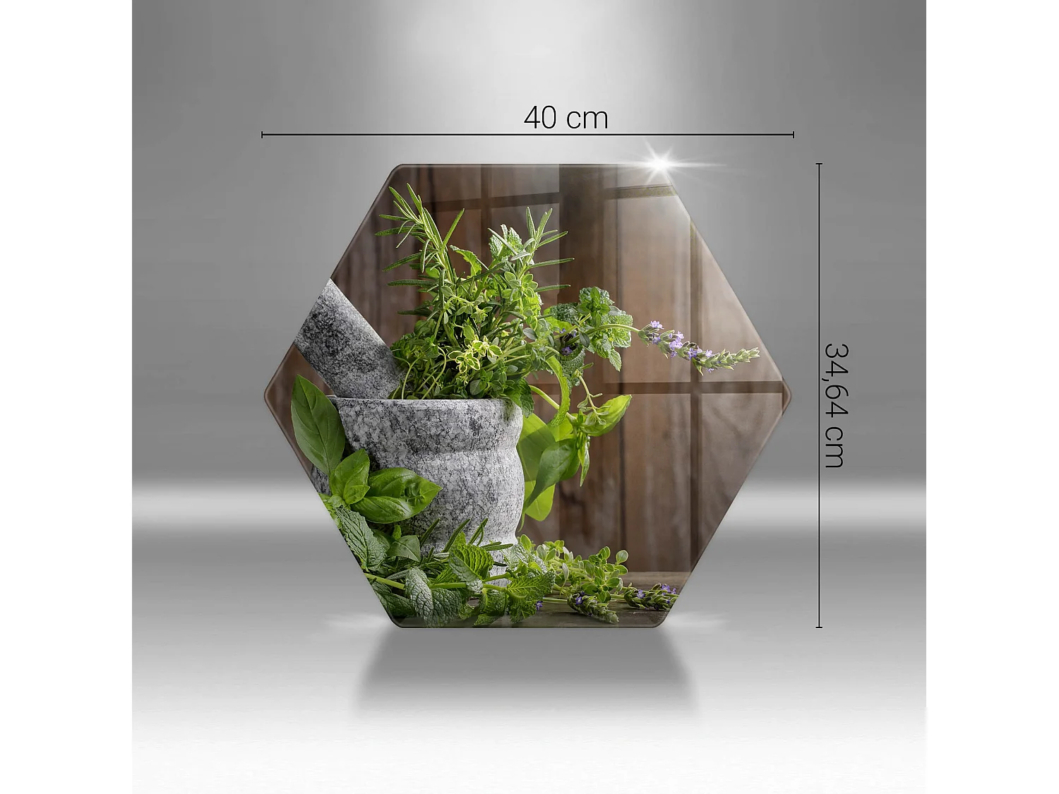 Planche de cuisine hexagonale en verre, 40 cm Plantes, herbes et bois