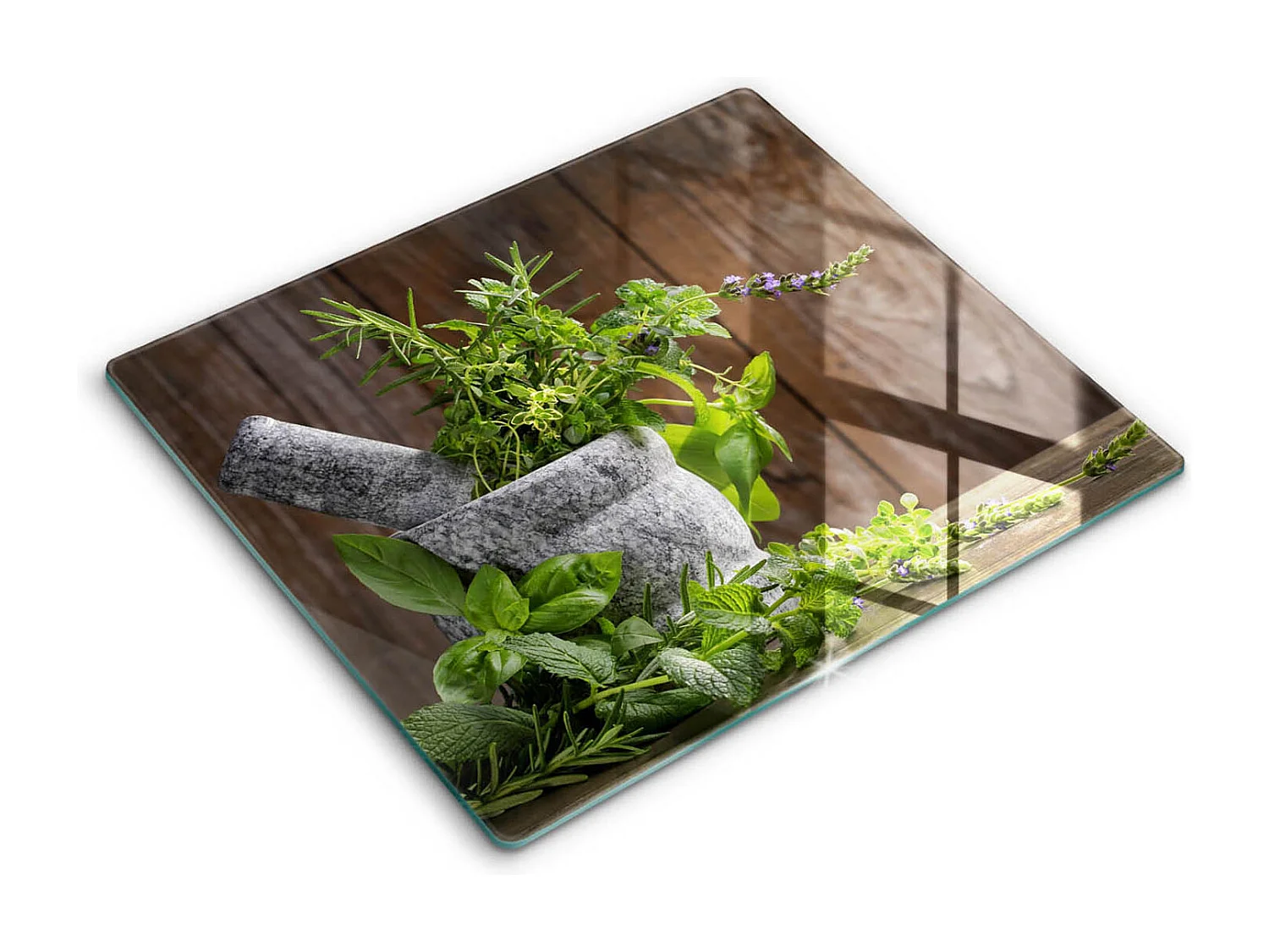 Rechteckiges Küchenbrett aus Glas, 60x52 cm Pflanzen, Kräuter und Holz