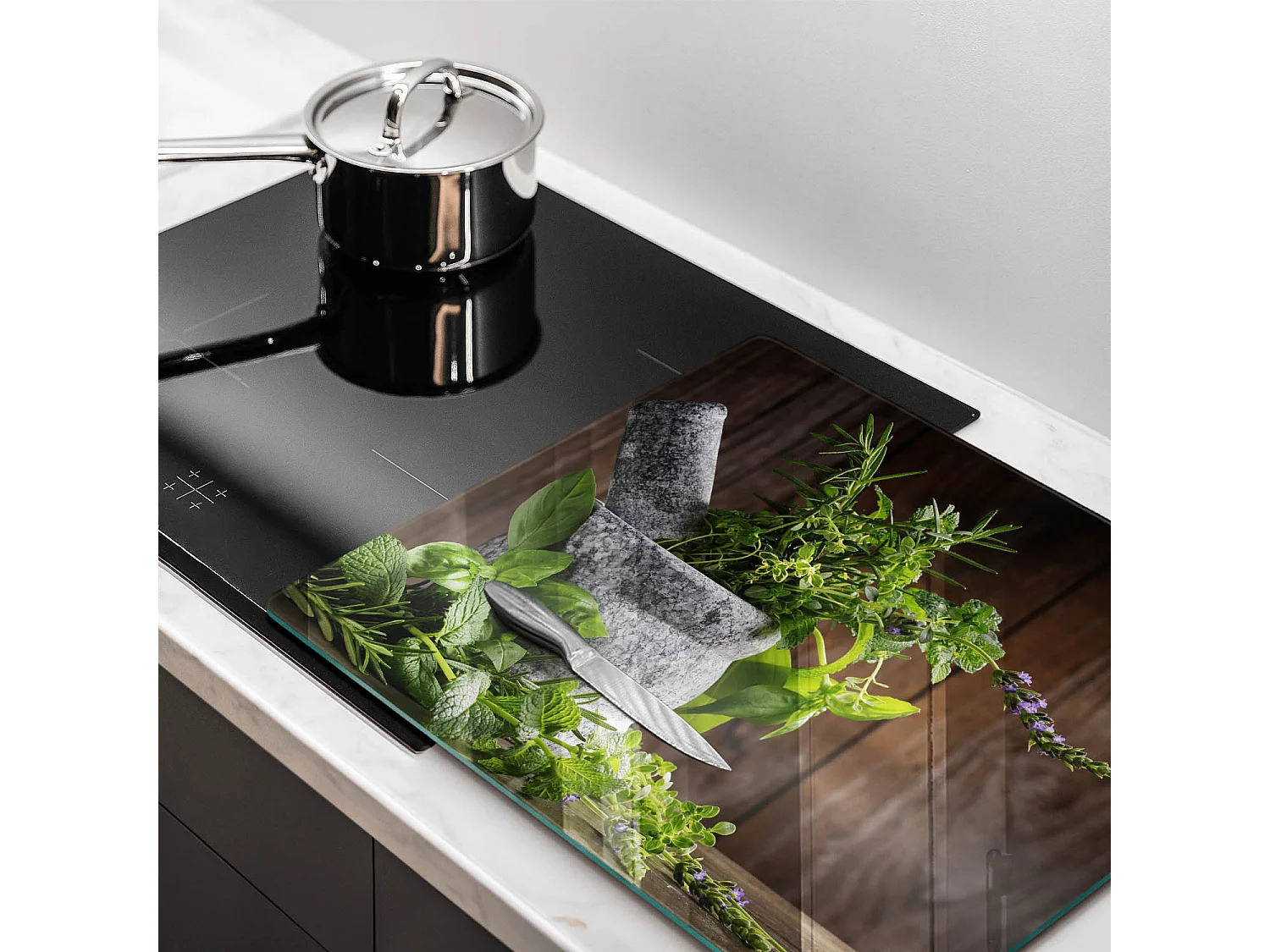Rechteckiges Küchenbrett aus Glas, 60x52 cm Pflanzen, Kräuter und Holz