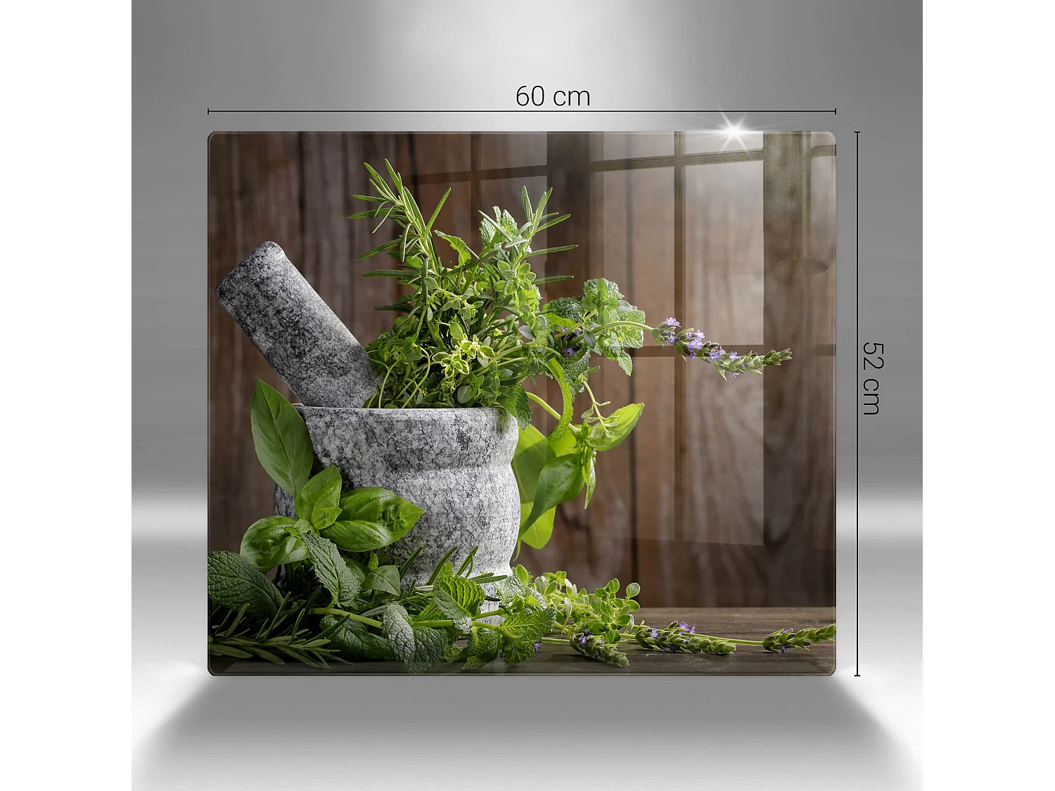 Rechteckiges Küchenbrett aus Glas, 60x52 cm Pflanzen, Kräuter und Holz