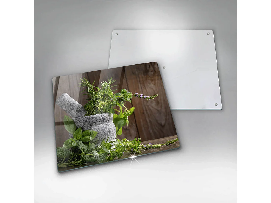 Rechteckiges Küchenbrett aus Glas, 60x52 cm Pflanzen, Kräuter und Holz