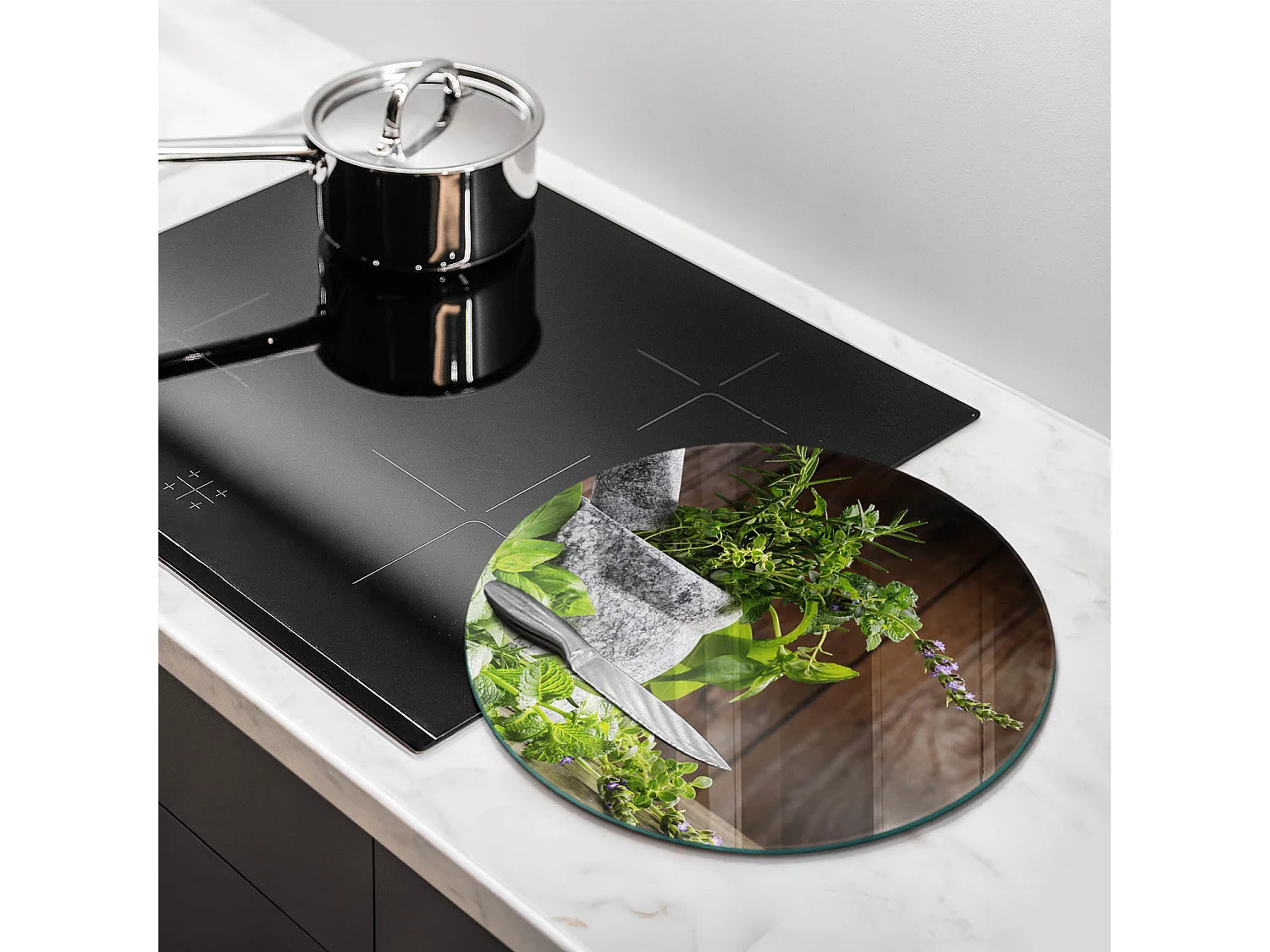 Tagliere da cucina rotondo in vetro, 40 cm Piante, erbe e legno