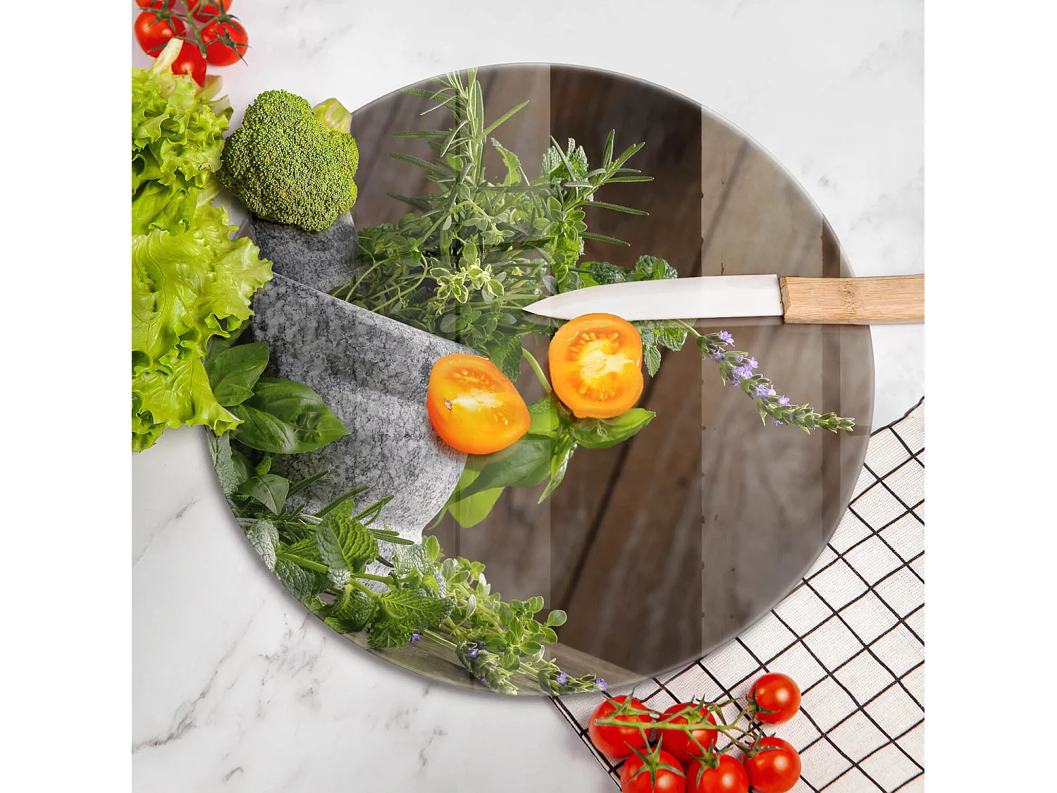 Tagliere da cucina rotondo in vetro, 40 cm Piante, erbe e legno