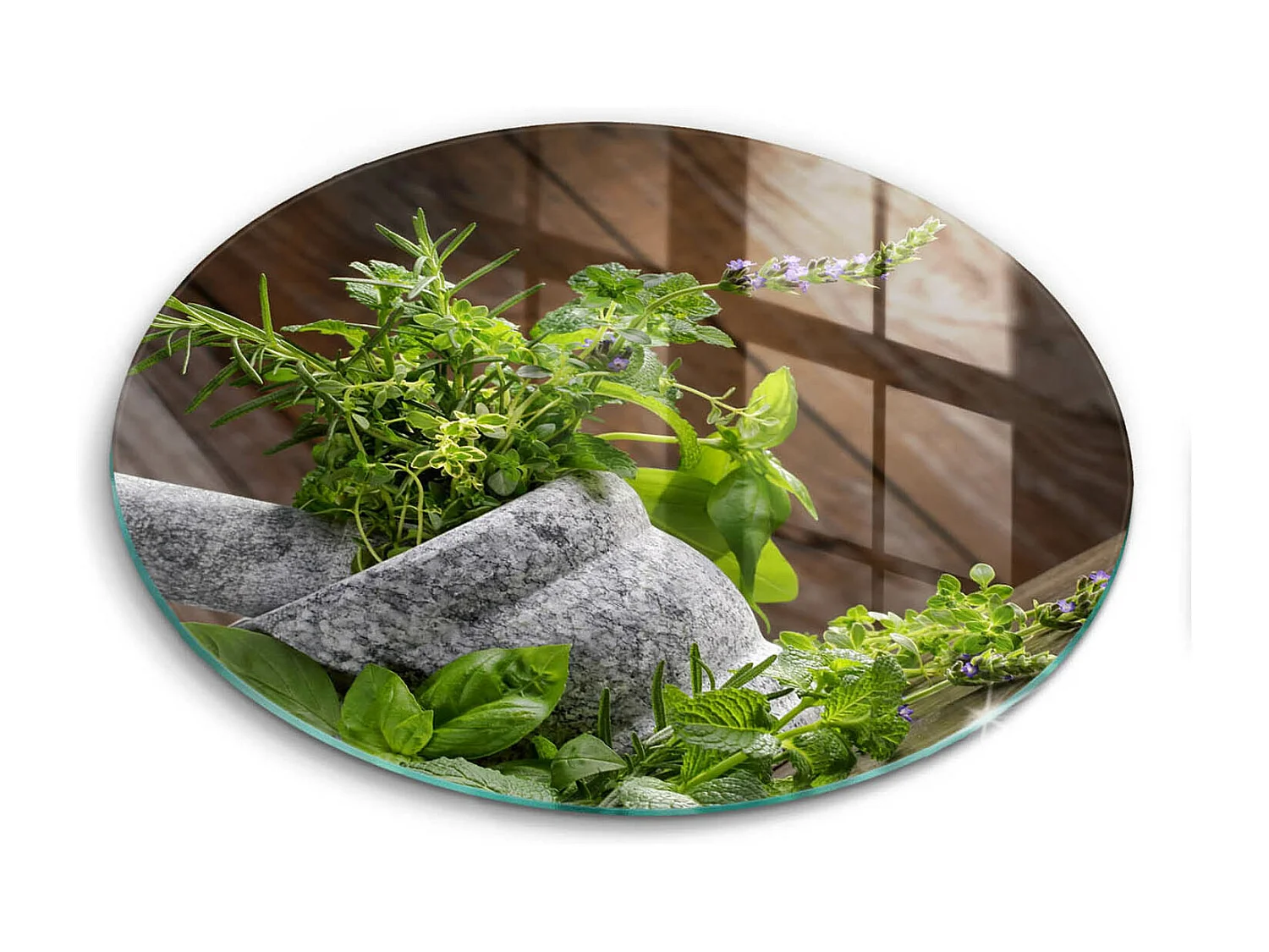 Planche de cuisine ronde en verre, 30 cm Plantes, herbes et bois