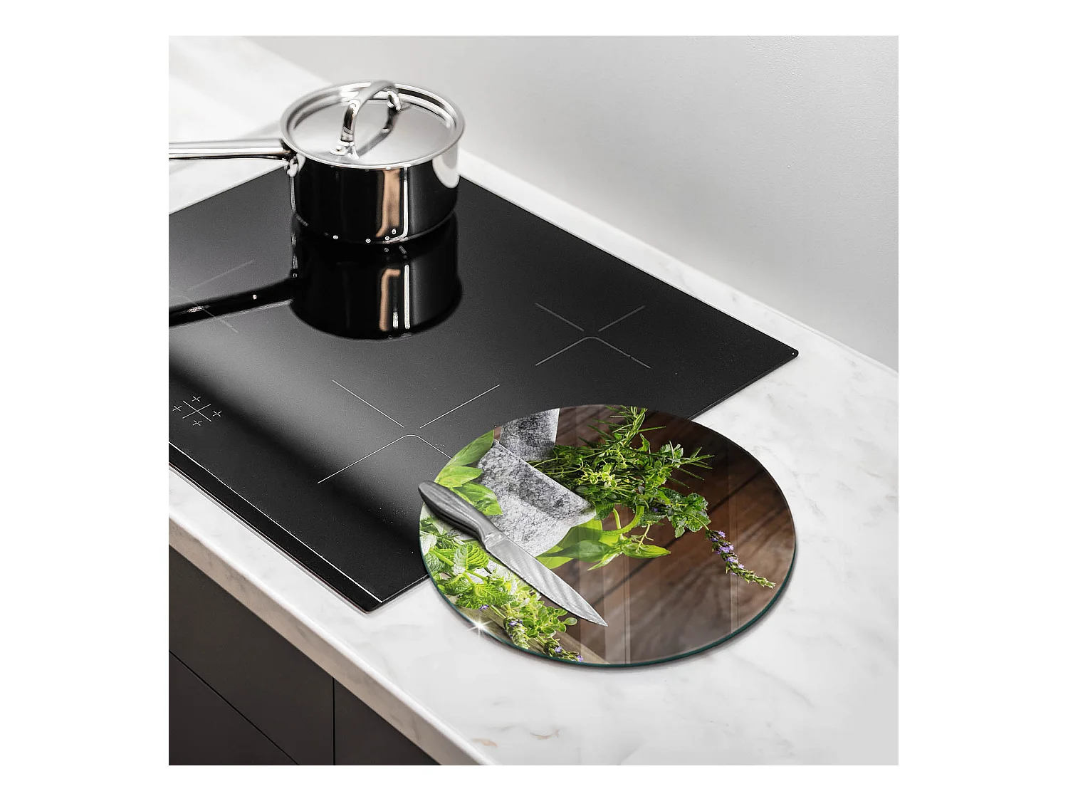 Planche de cuisine ronde en verre, 30 cm Plantes, herbes et bois