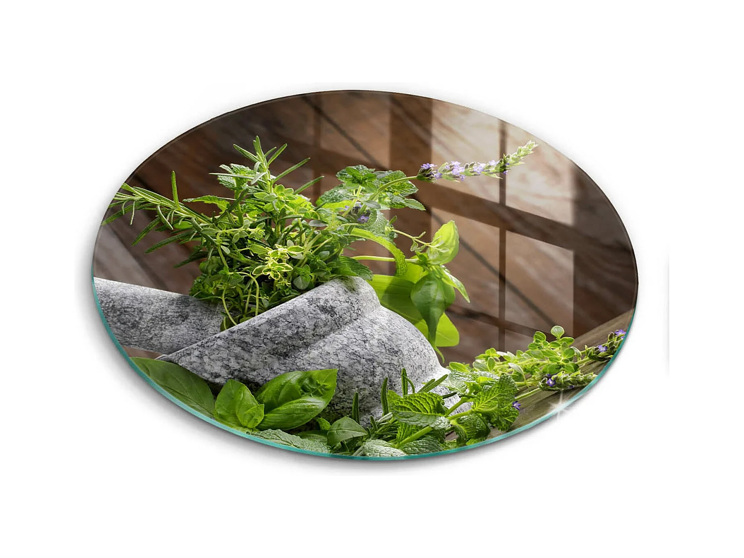 Planche de cuisine ronde en verre, 30 cm Plantes, herbes et bois