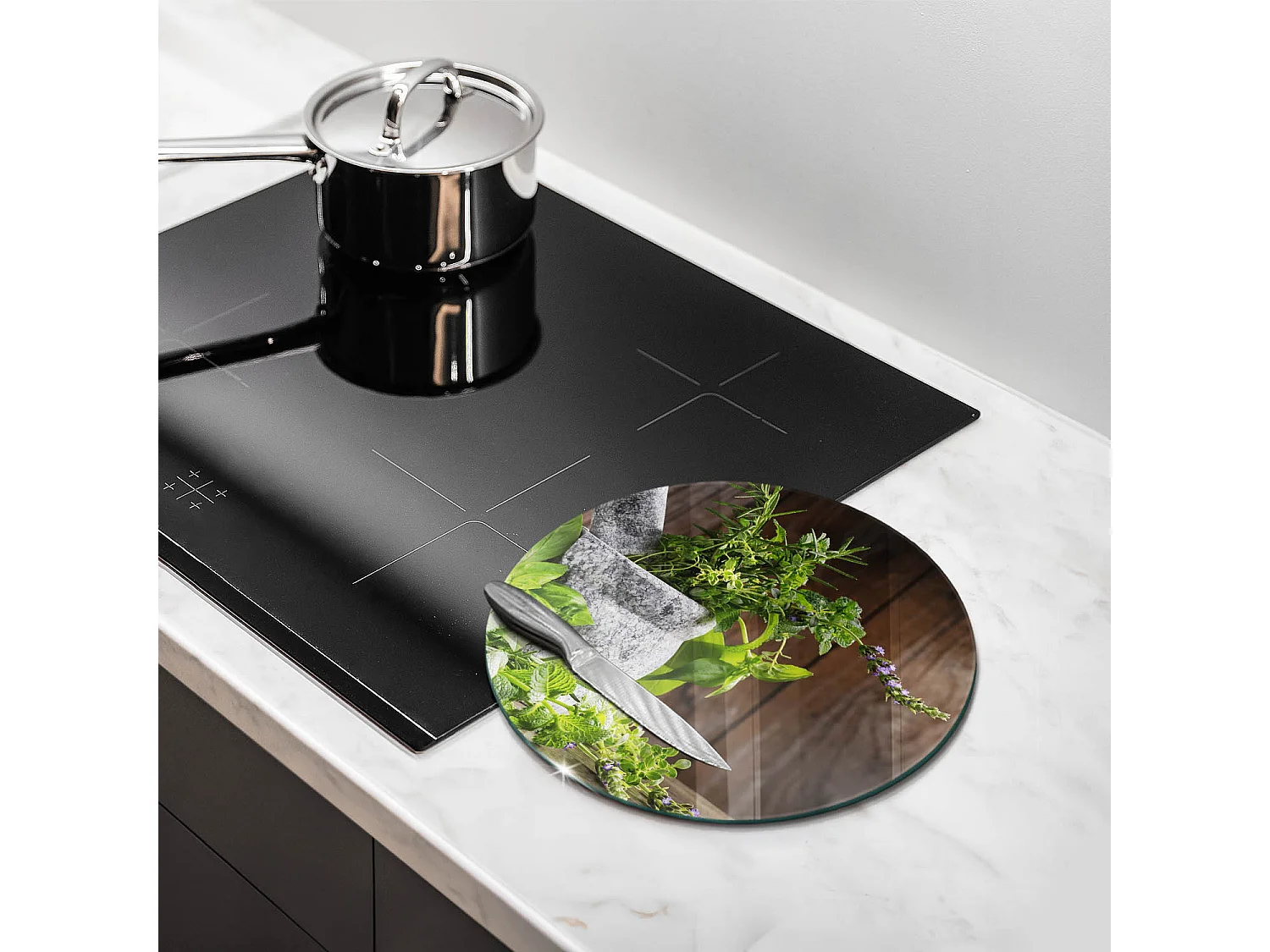 Planche de cuisine ronde en verre, 30 cm Plantes, herbes et bois