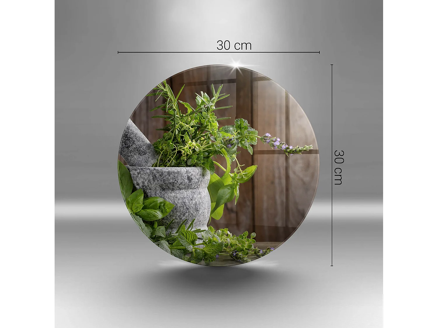 Planche de cuisine ronde en verre, 30 cm Plantes, herbes et bois