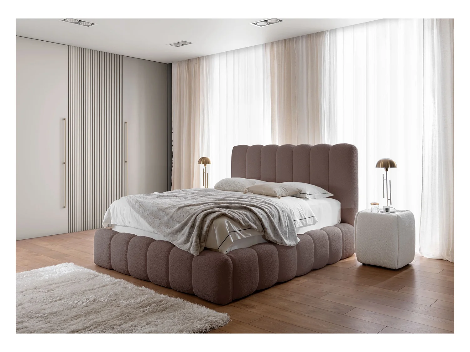 Lit capitonné double - 140x200 cm - en bouclette marron clair - CANDE