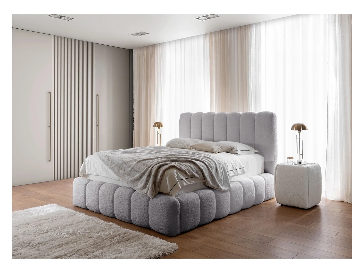 Lit capitonné double - 140x200 cm - en bouclette gris clair - CANDE