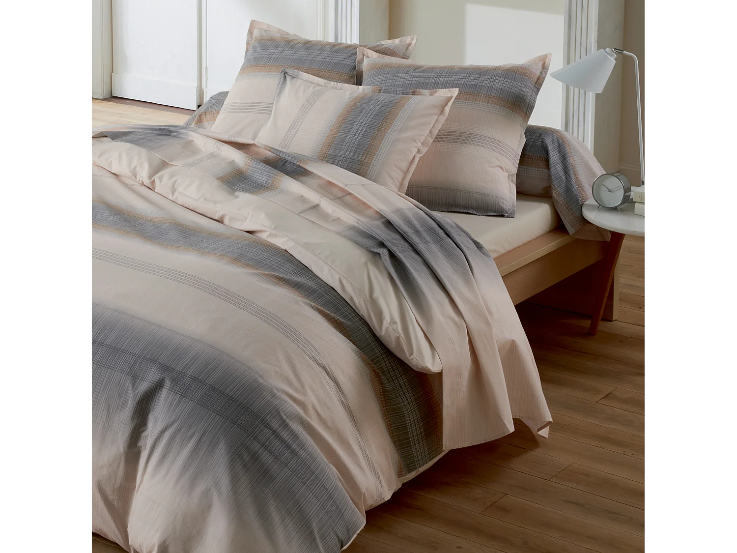 Bettwäsche aus Baumwoll-Perkal mit gestreiftem Farbverlauf Bettlaken + Kissenbezug
