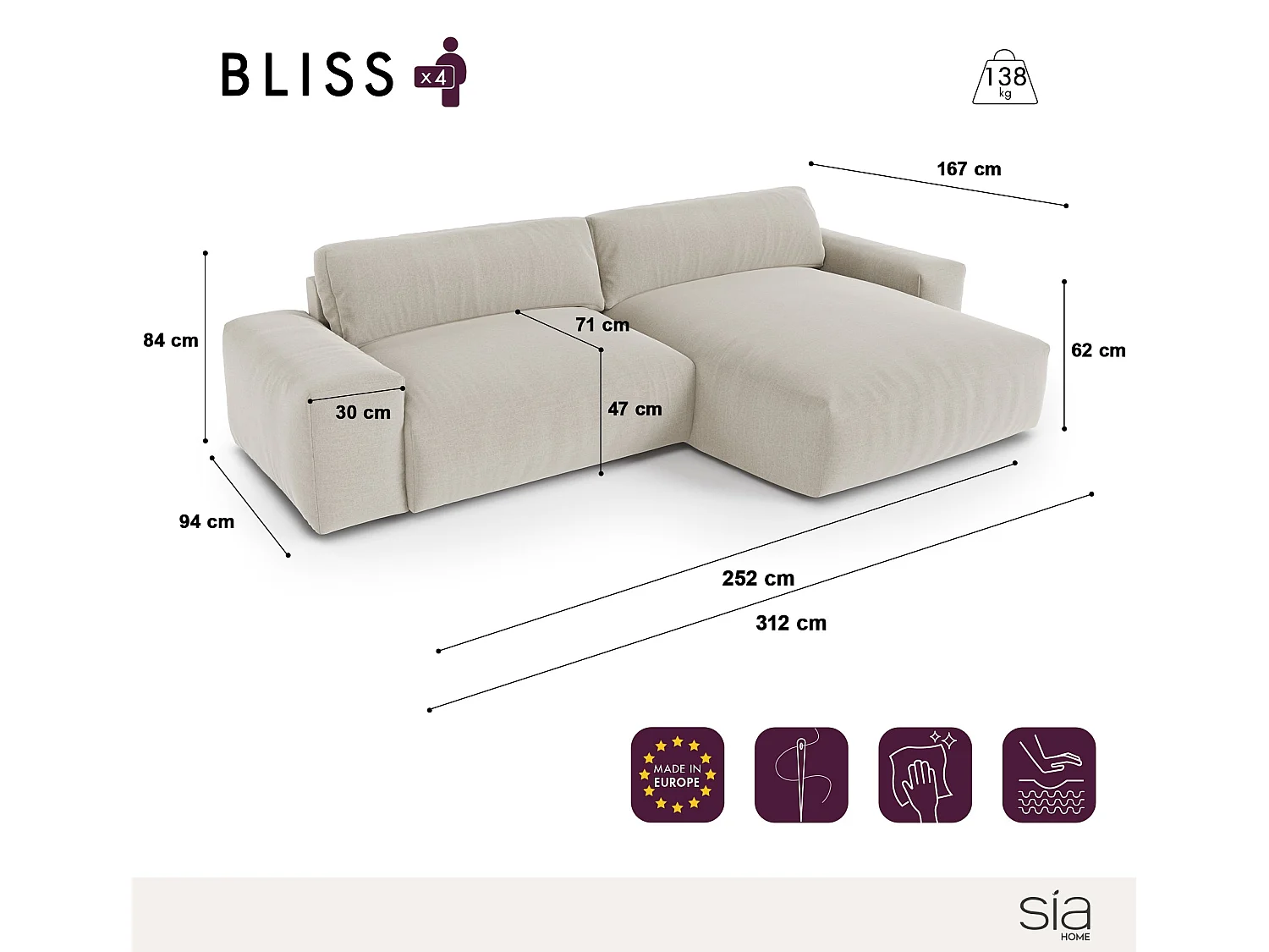 Canapé angle droit 4 places BLISS en velours côtelé xxl taupe
