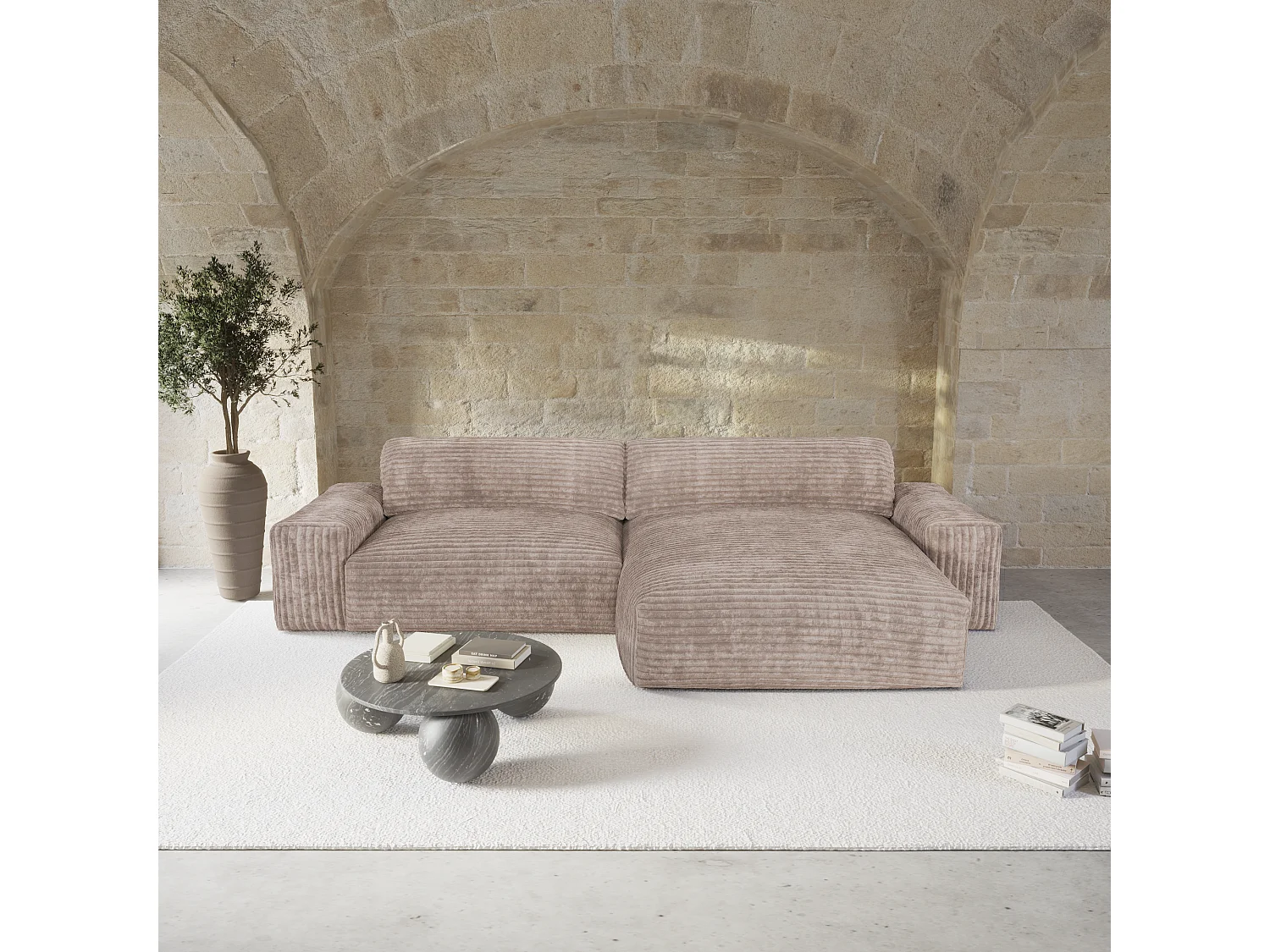 Canapé angle droit 4 places BLISS en velours côtelé xxl taupe