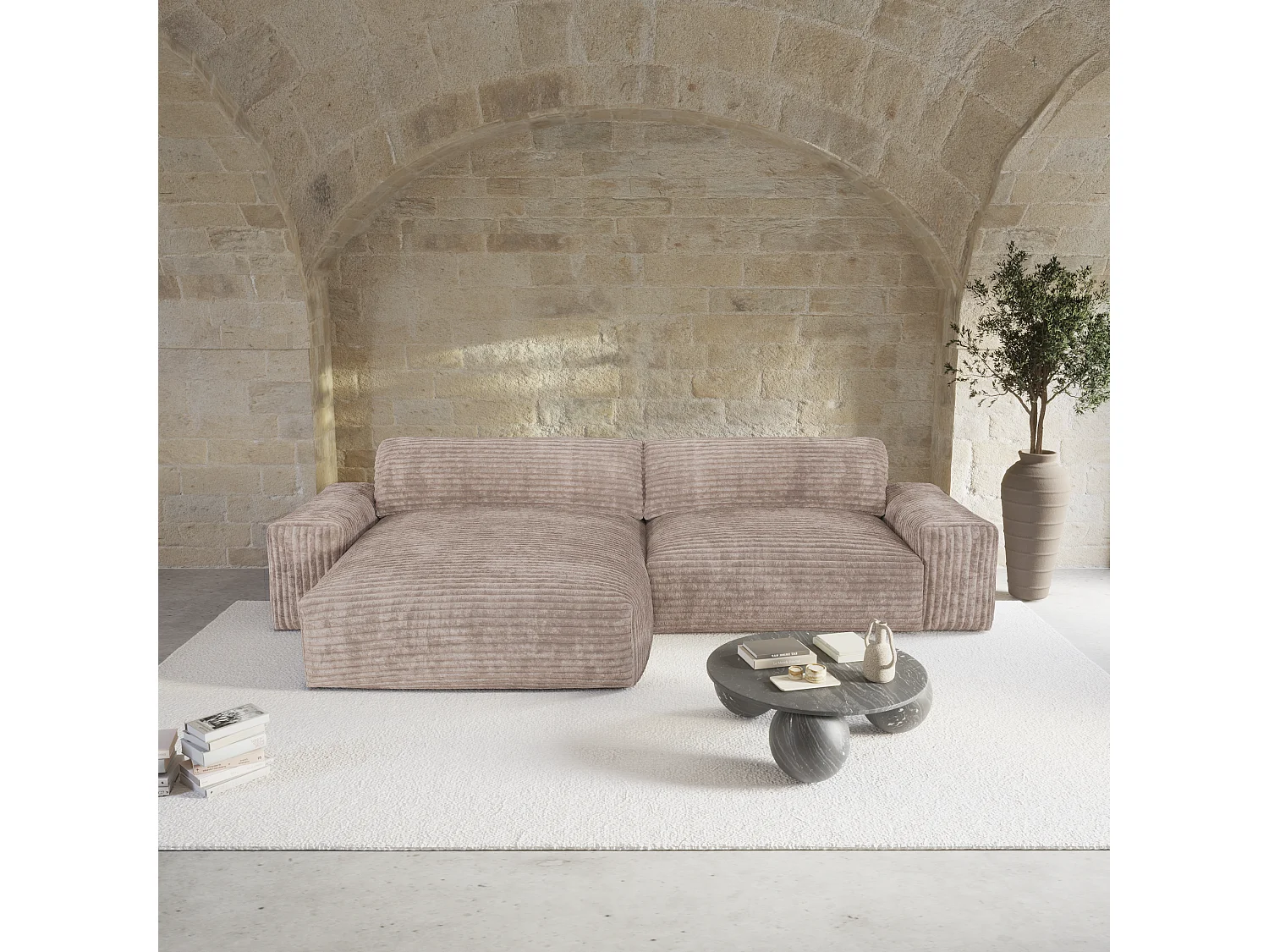 Canapé angle gauche 4 places BLISS en velours côtelé xxl taupe