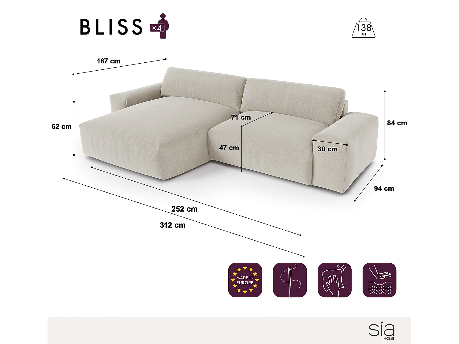 Canapé angle gauche 4 places BLISS en velours côtelé xxl crème