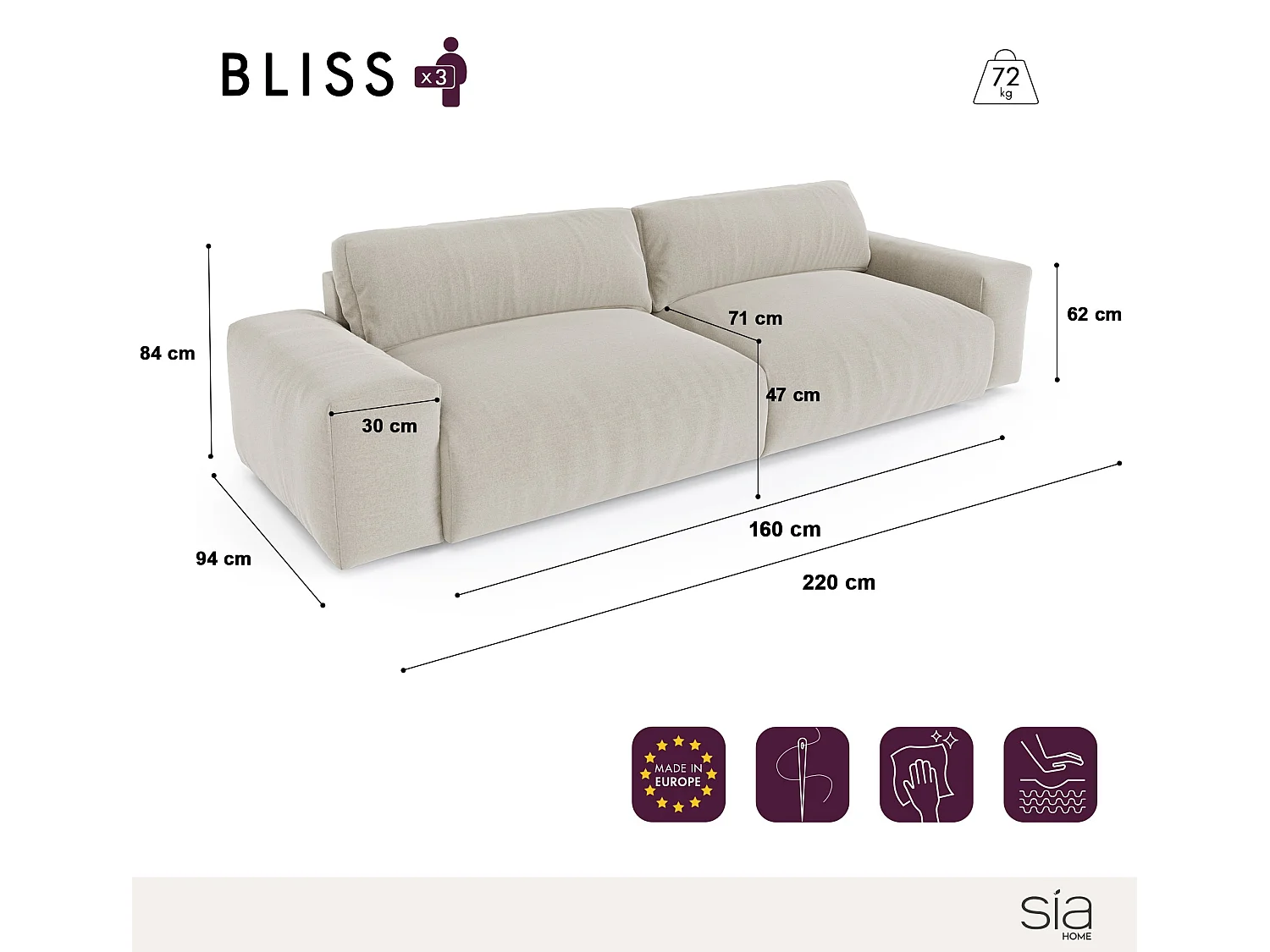 Canapé 3 places velours côtelé XXL noir 220cm BLISS